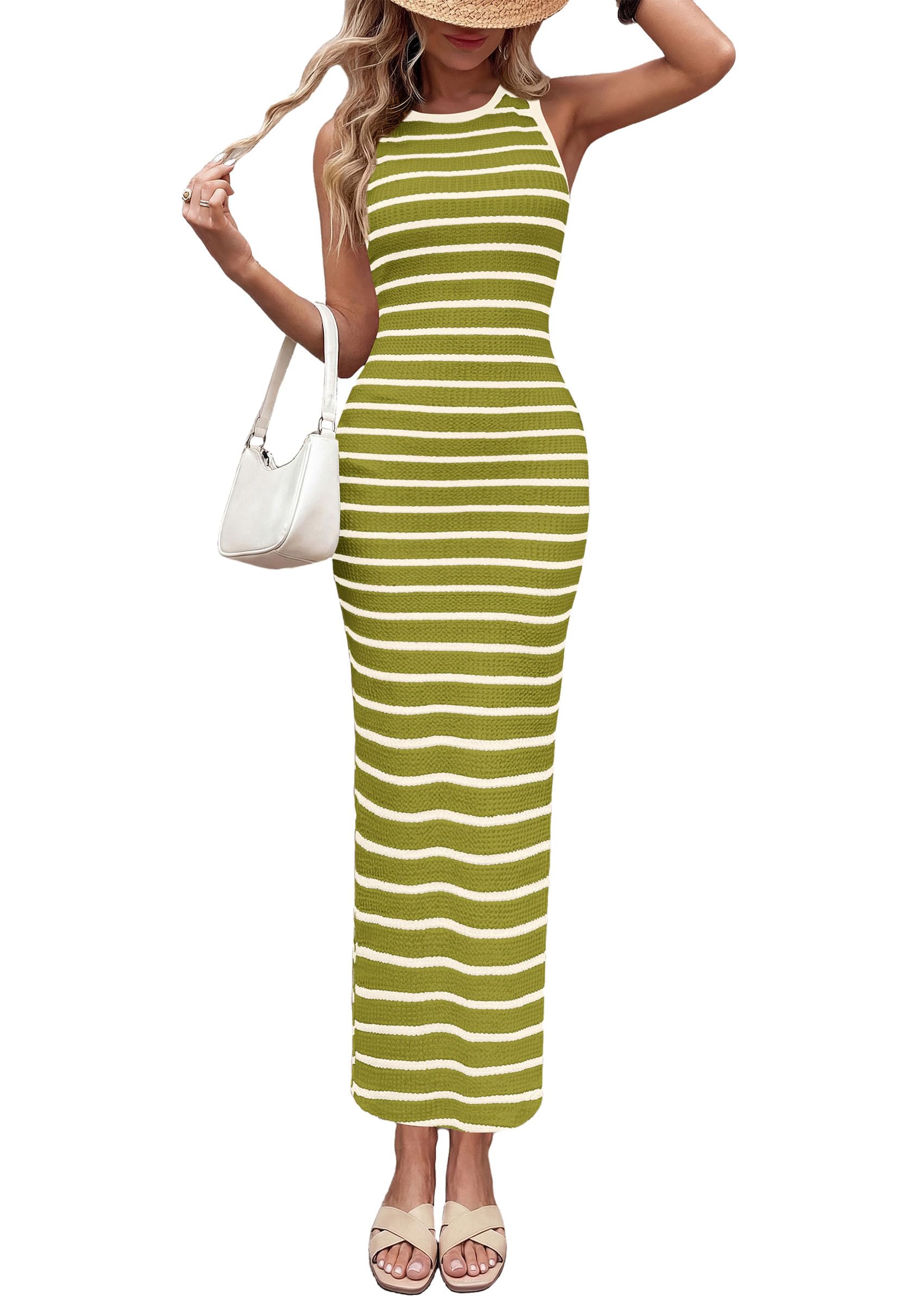 PRETTYGARDEN Sundresses for Women  Summer Striped Knit Side Slit Spring Fashion Bodycon Maxi Dress Beach Vacation Clothes