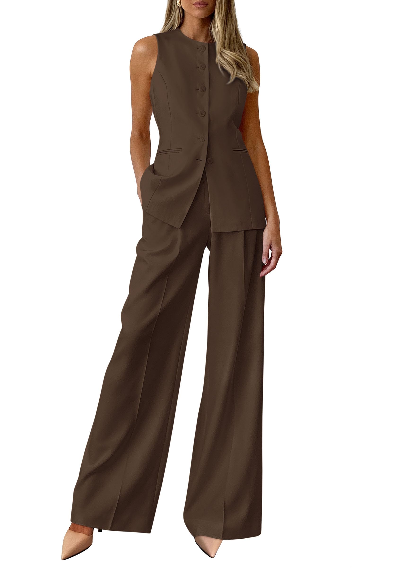 PRETTYGARDEN Women's 2 Piece Sets Summer  Work Clothes Sleeveless Blazer Vest Pants Suits Spring Business Casual Outfits