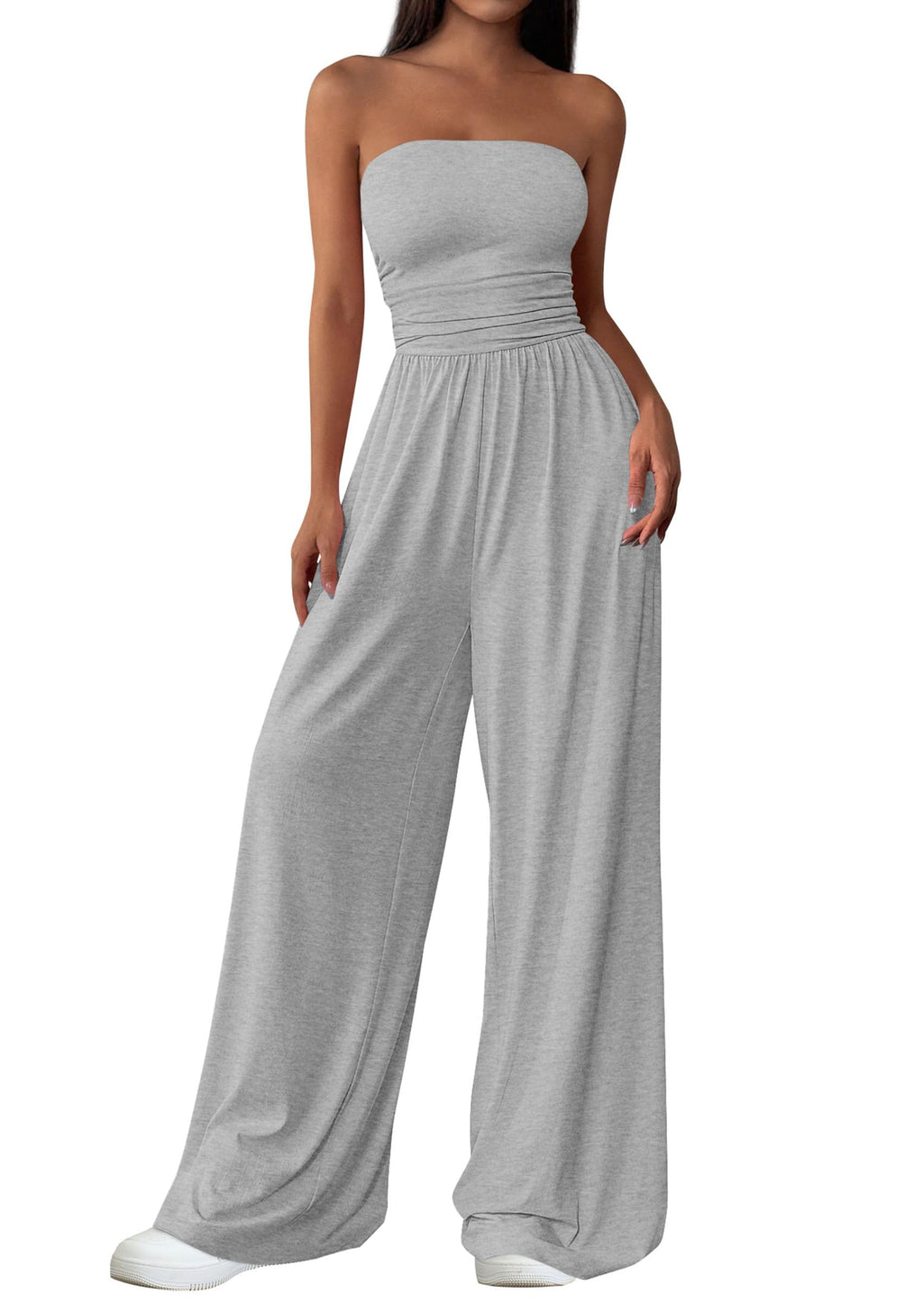 PRETTYGARDEN Womens Trendy Strapless Rompers Ruched Tube Top Wide Leg One Piece Jumpsuits Beach Vacation Summer Outfits