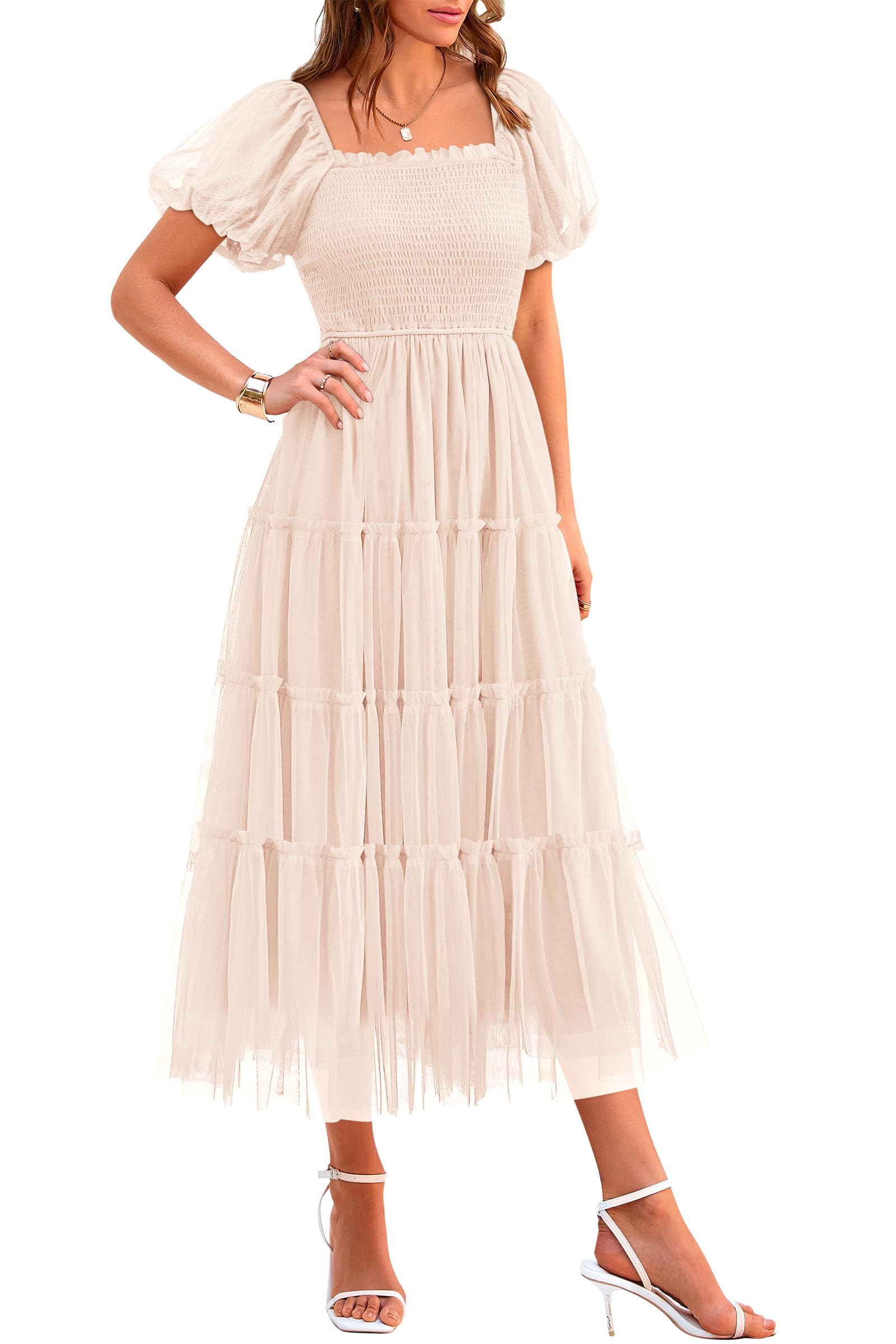 PRETTYGARDEN Women's Smocked Midi Tulle Dress  Summer Puffy Short Sleeve Square Neck Ruffle Wedding Guest Party Dresses
