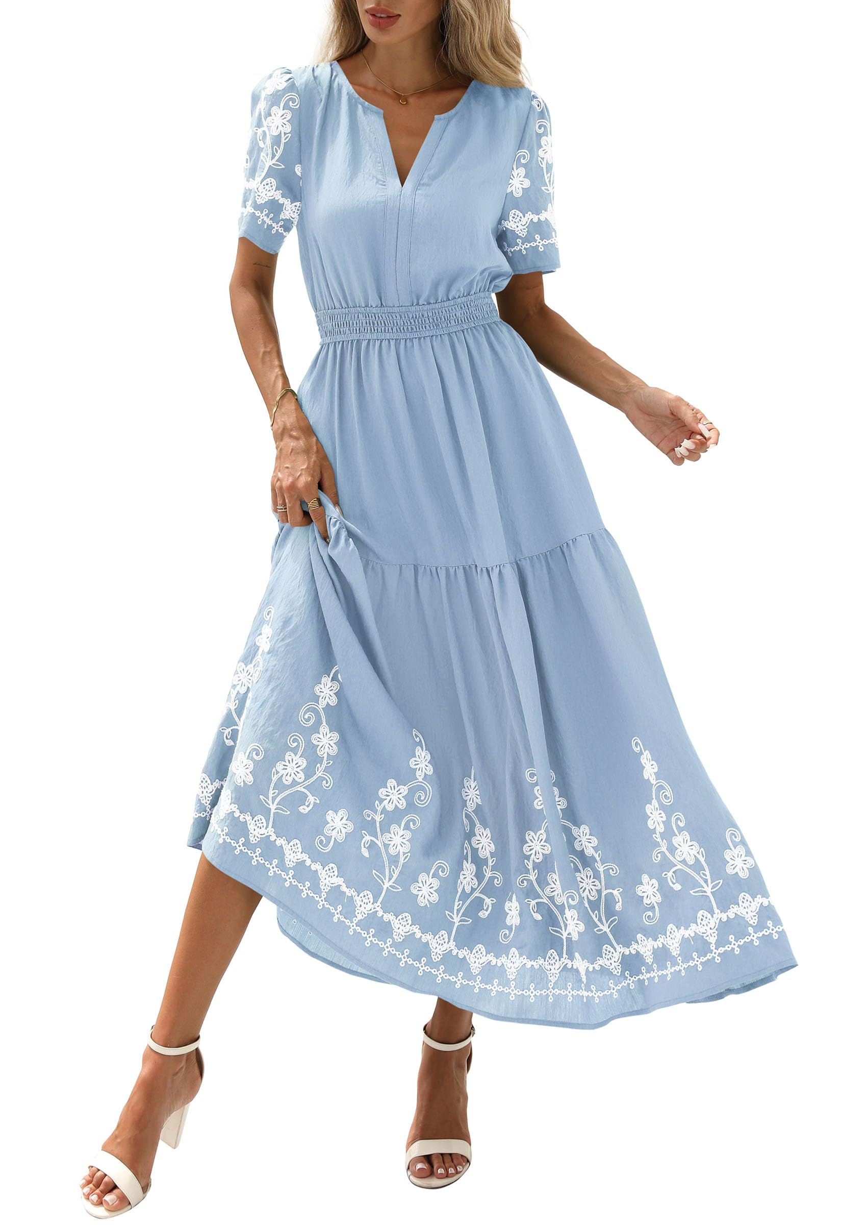 PRETTYGARDEN Women's Summer Boho Maxi Dress Spring Floral Short Sleeve V Neck A Line Flowy Beach Wedding Guest Dresses