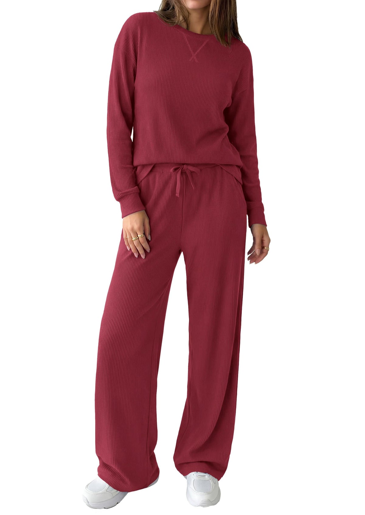 PRETTYGARDEN Sweatsuits Women 2 Piece Airport Travel Outfits | Ribbed Knit Lounge Sets, Casual Athleisure Wear, Matching Long Sleeve Shirts & Wide Leg Pants Pockets, Fall Winter Clothes