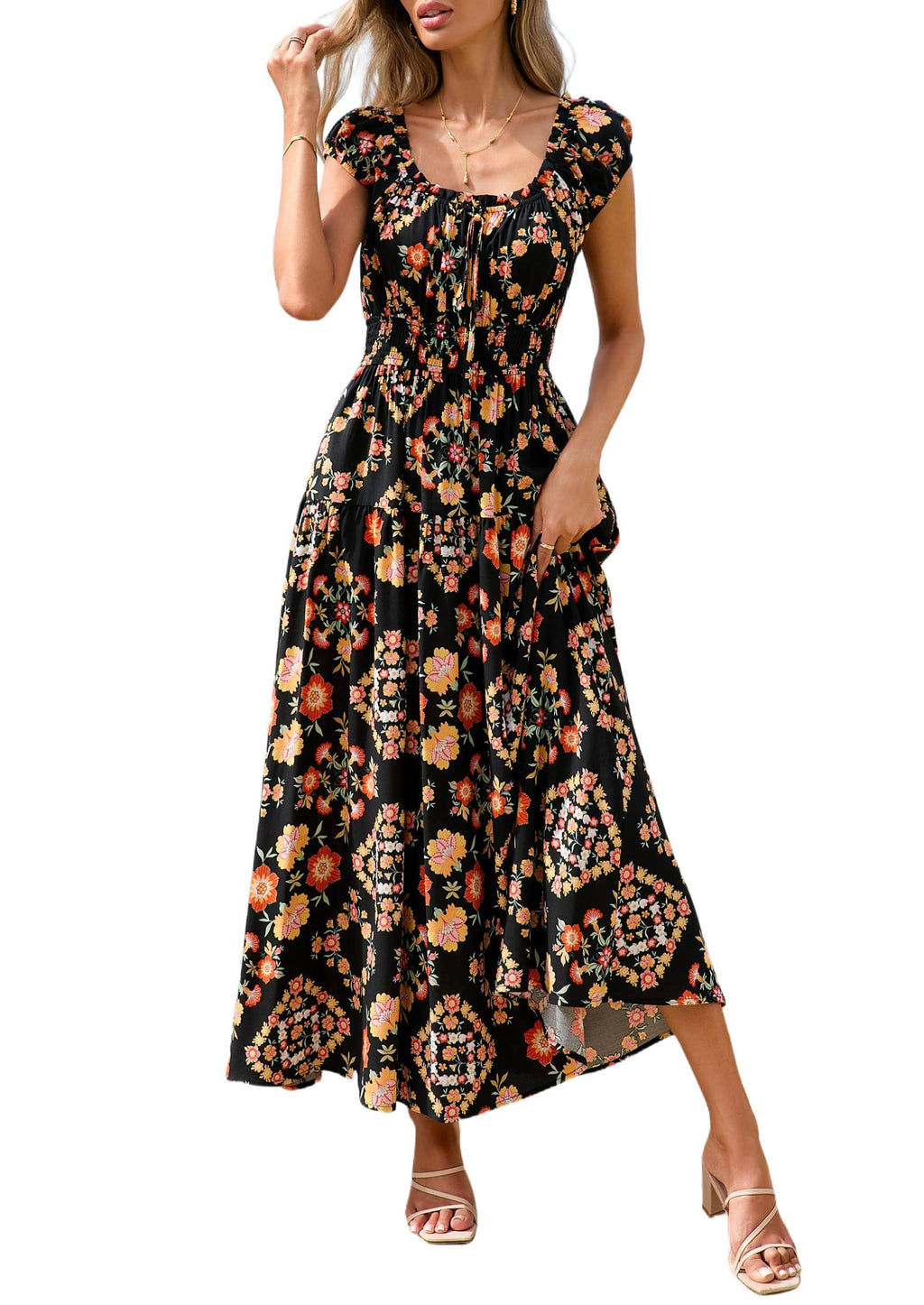 PRETTYGARDEN Boho Maxi Dresses for Women  Summer Floral Wedding Guest Dress Resort Wear Spring Long Flowy Beach Sundress