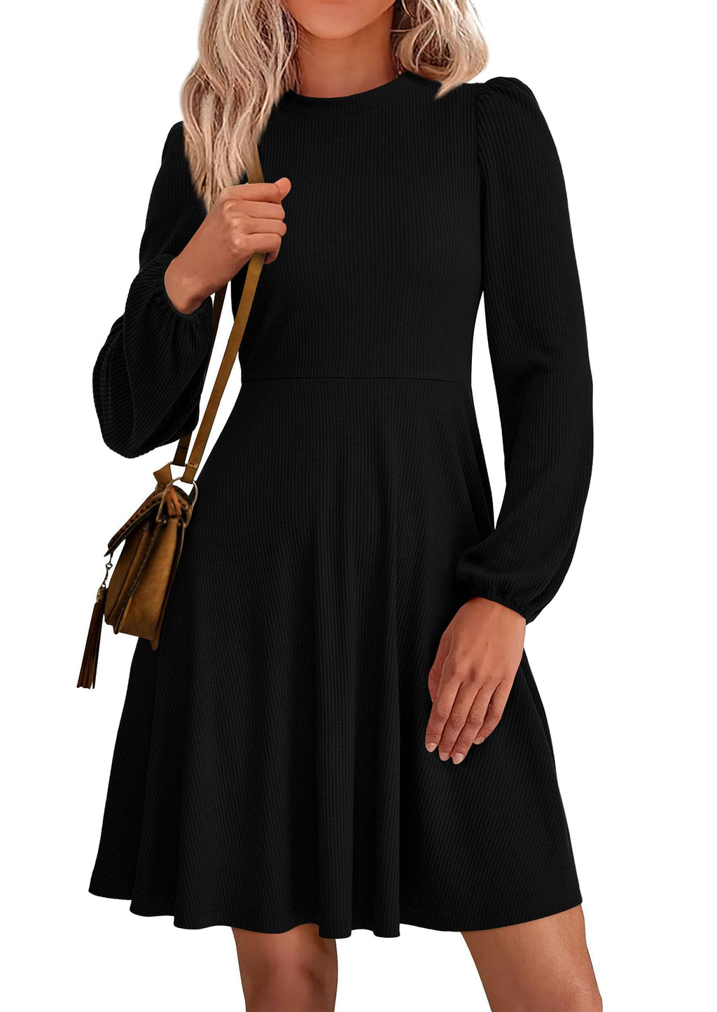 PRETTYGARDEN Womens Long Sleeve Mini Dress  Fall Trendy Crewneck Ribbed Knit Soft A Line Flowy Summer Formal Dresses