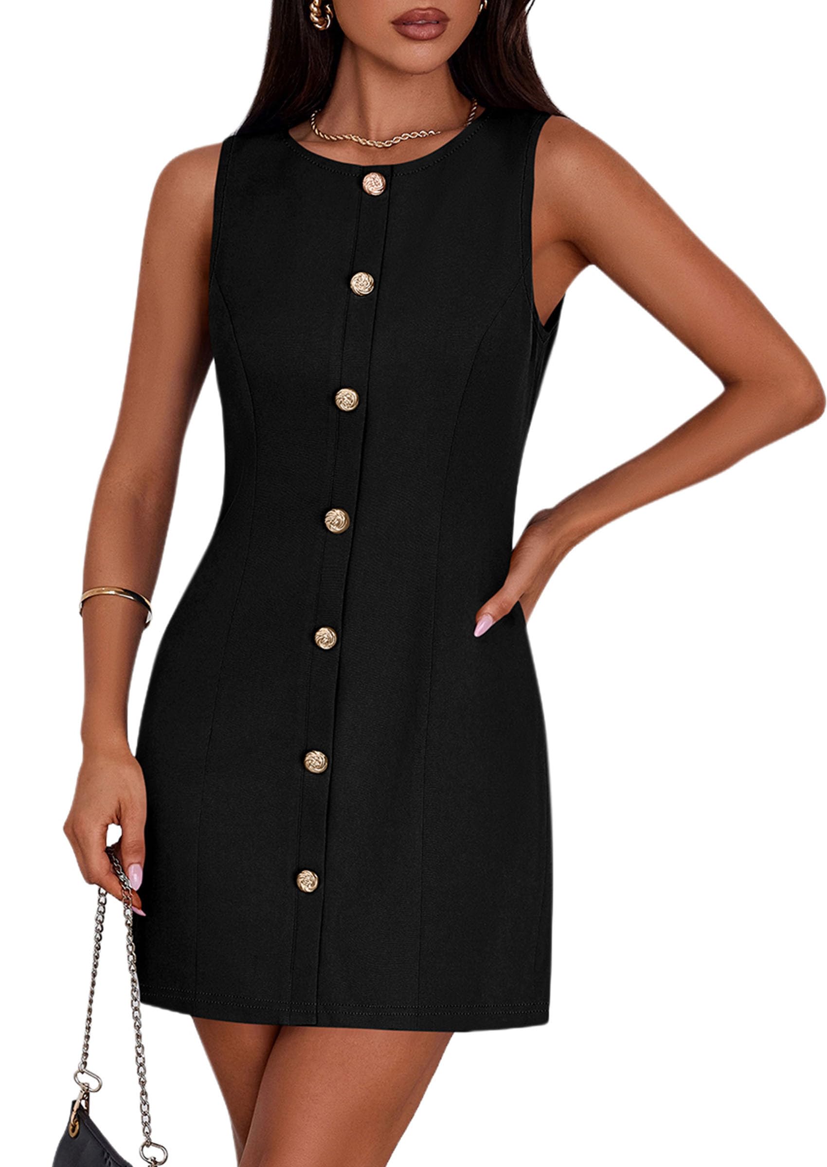 PRETTYGARDEN Work Dresses for Women  Summer Business Formal Short Dress Sleeveless Button Down Elegant Office Outfits