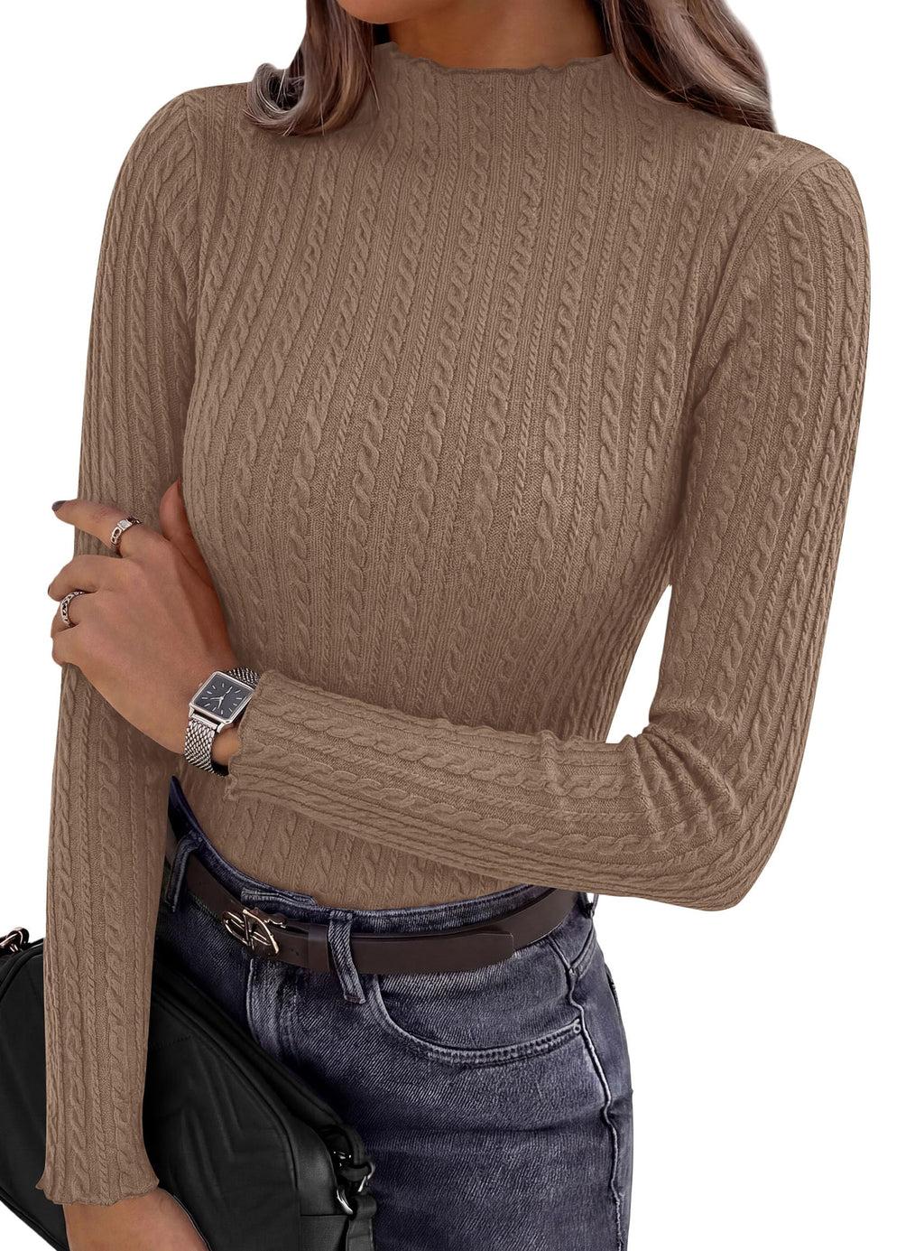 PRETTYGARDEN Women's Fall Long Sleeve Fitted Shirts | Comfy Stretchy Cable Knit, Trendy Lettuce Trim Mock Neck, Casual Basic Tees, Cute Layering Tops, 2026 Fashion Clothing