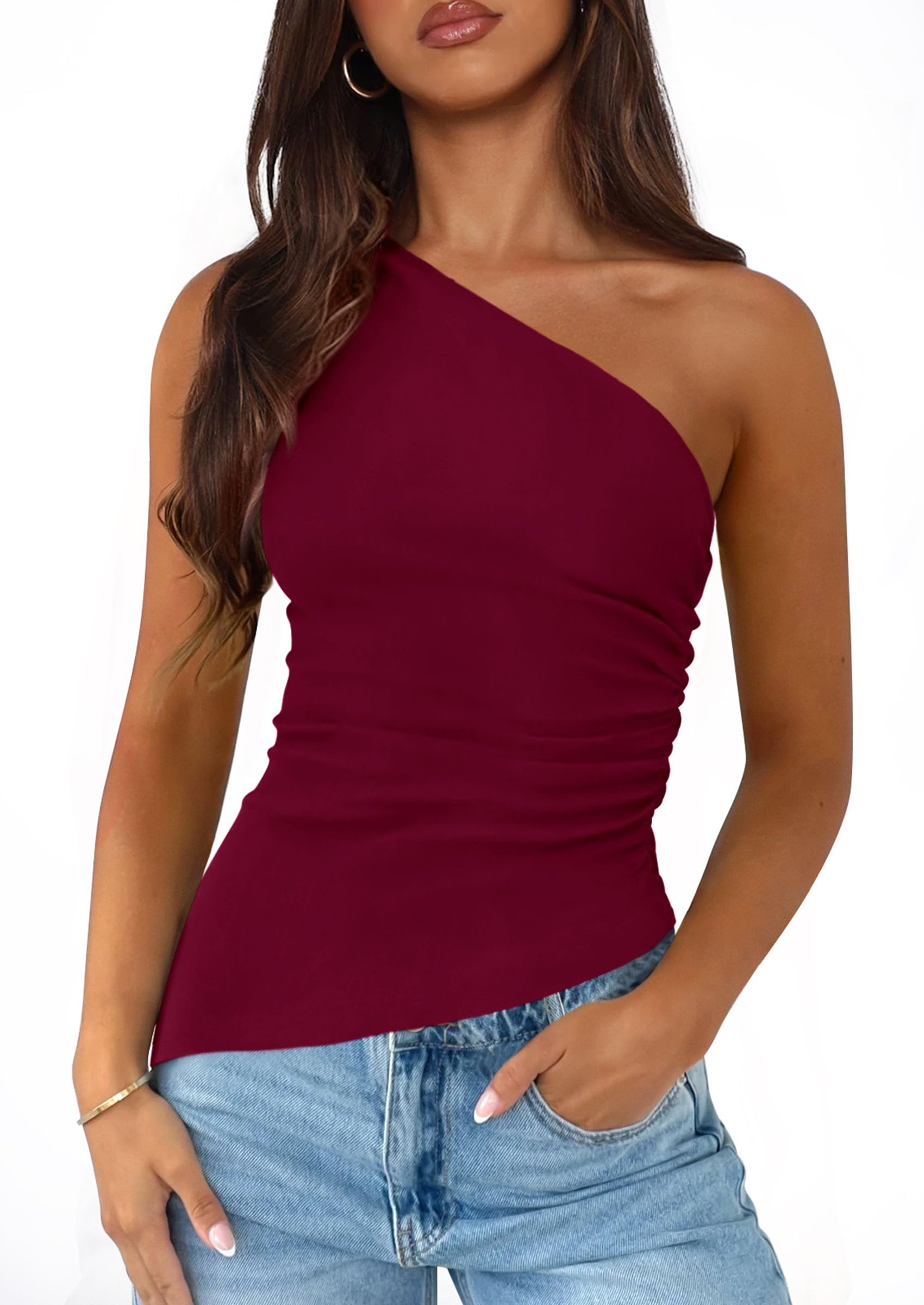 PRETTYGARDEN Womens  Summer Y2K Tops Sleeveless One Shoulder Slim Fit Shirts Ruched Knit Asymmetrical Top Blouse