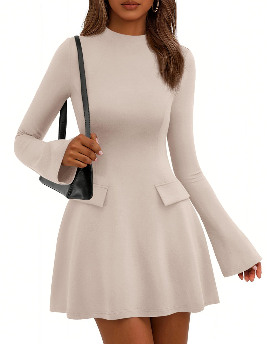 PRETTYGARDEN Women's Elegant Holiday Short Dress  Fall Bell Long Sleeve Mock Neck Work Business Casual Party Mini Dress