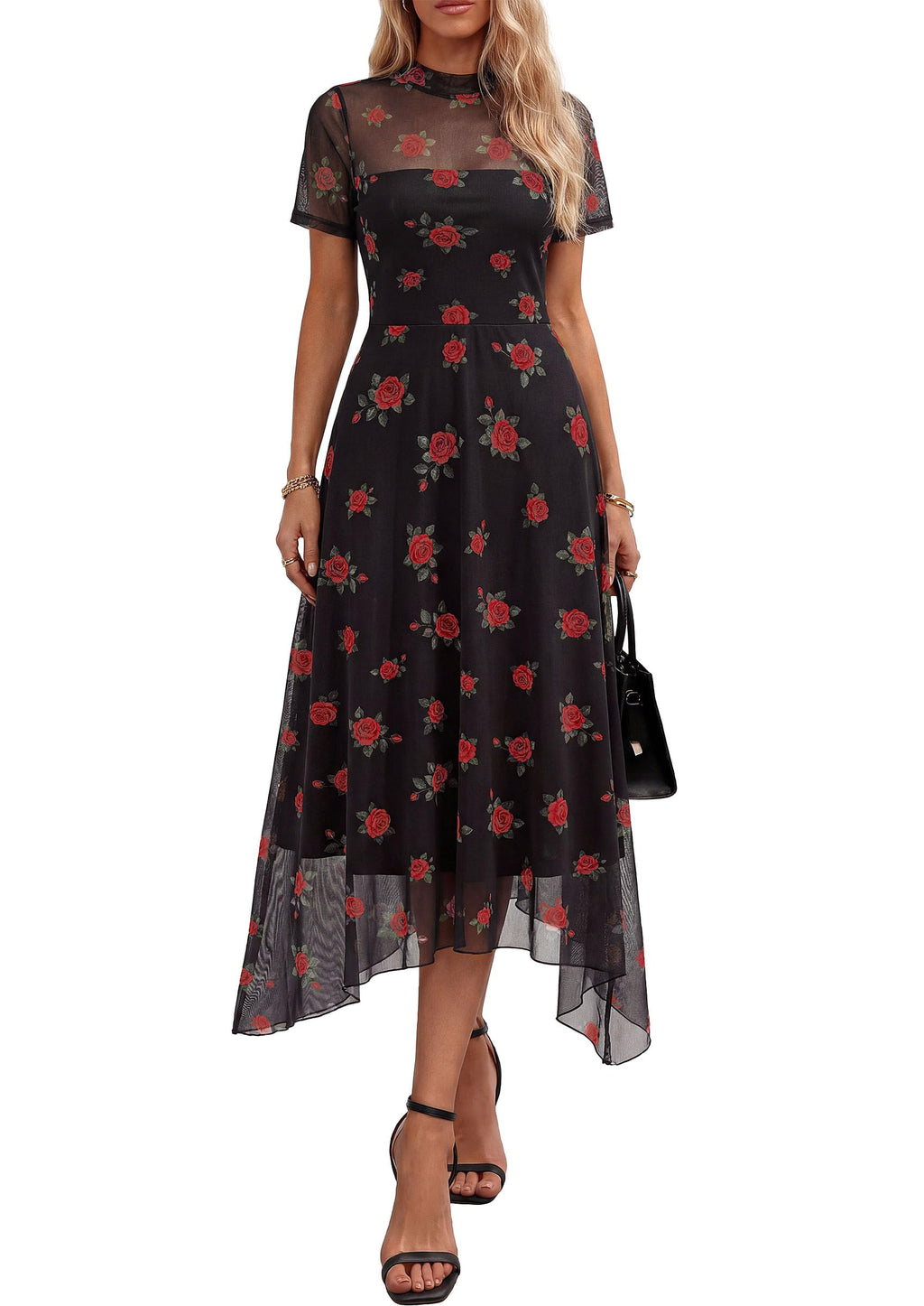 PRETTYGARDEN Cocktail Dresses for Women  Summer Short Sleeve Floral Mesh Sheer Midi Party Wedding Guest Dress