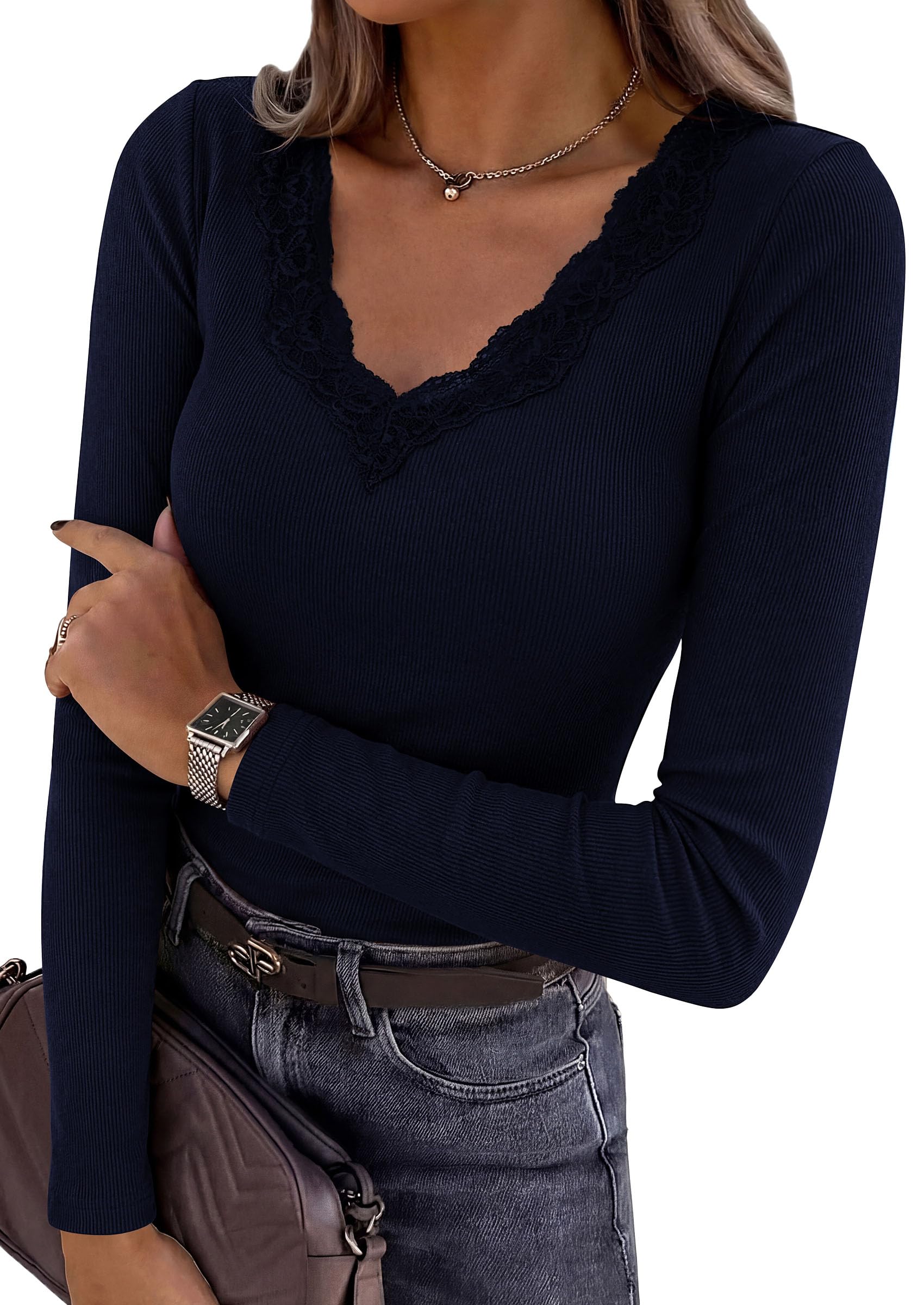 PRETTYGARDEN Women's Lace V Neck Long Sleeve Fitted T Shirts | Going Out Tops, Basic Tees, Soft Stretchy Ribbed Knit Underscrub, Casual Blouses, Y2K Fall Outfits, Layering Winter Clothing