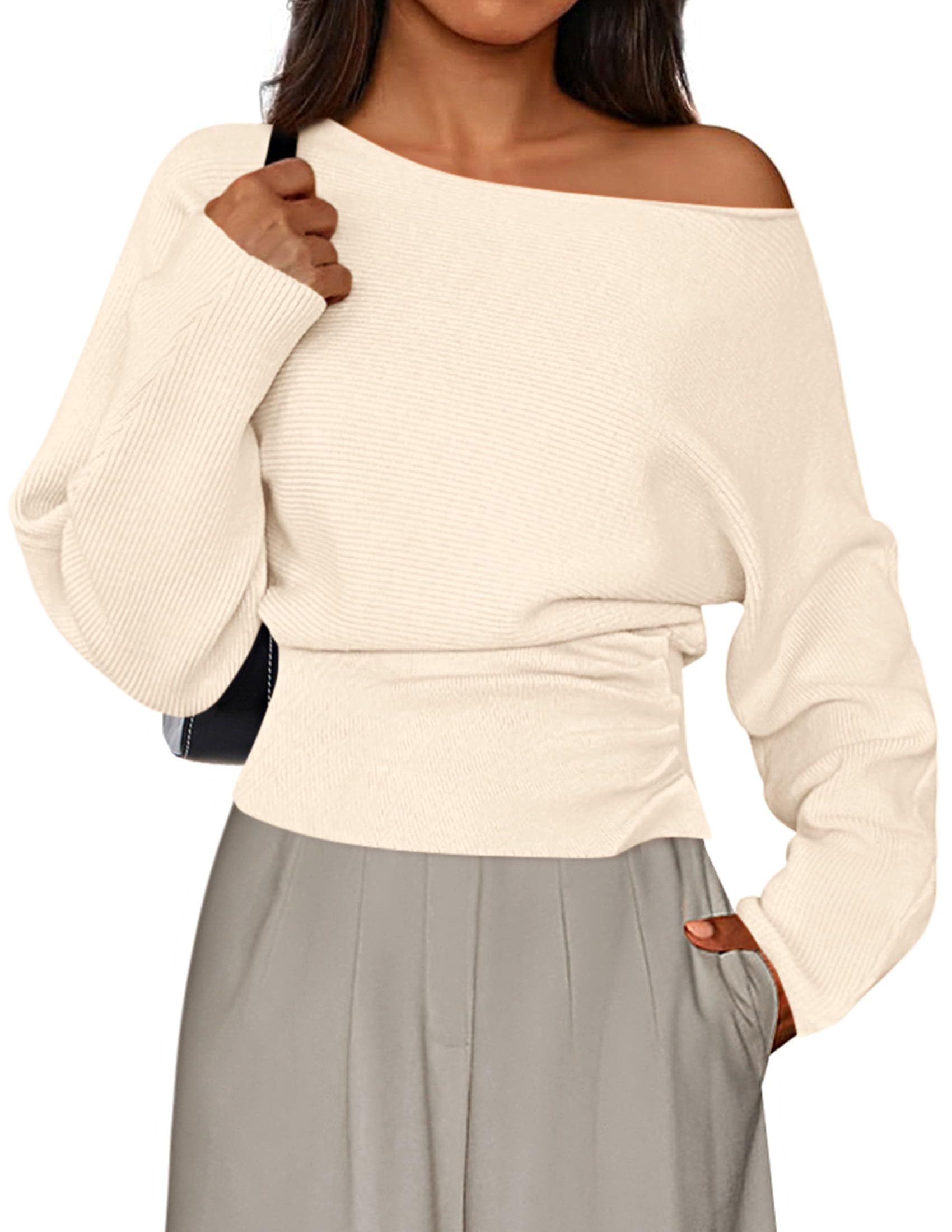 PRETTYGARDEN Women Off the Shoulder Sweater  Fall Trendy Long Batwing Sleeve Knit Pullover Going Out Tops Winter Clothing