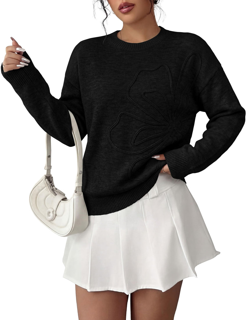 PRETTYGARDEN Women Fall Sweaters Trendy Floral Knit Pullover | Flower Embroidered Tops, Crew Neck, Soft Long Sleeve Shirts, Cozy Winter Layering Clothes for Casual Outing, Holiday Party