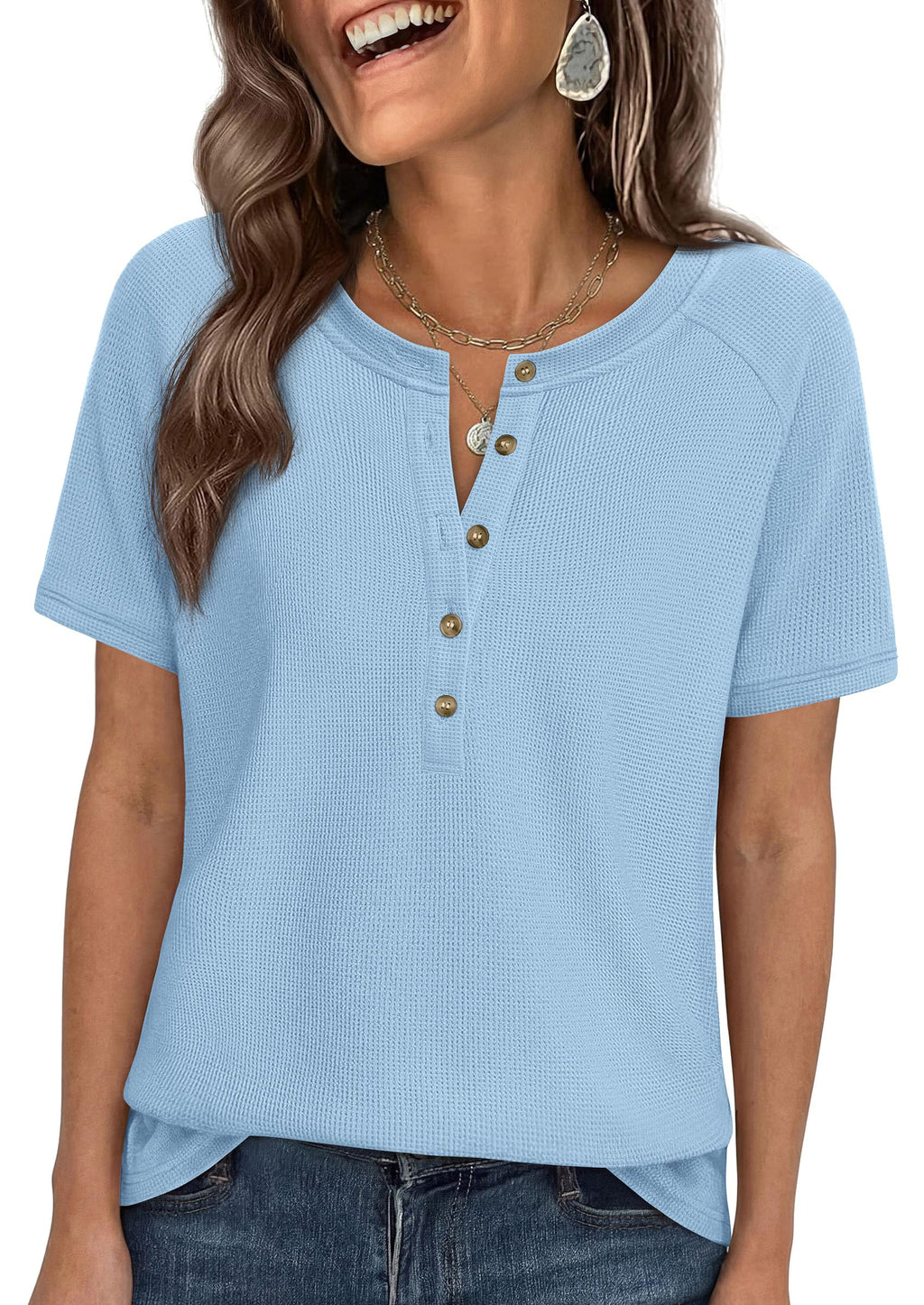 PRETTYGARDEN Waffle Knit Tops for Women Short Sleeve Henley Shirts  Summer Blouses Dressy Casual Spring Fashion Clothes
