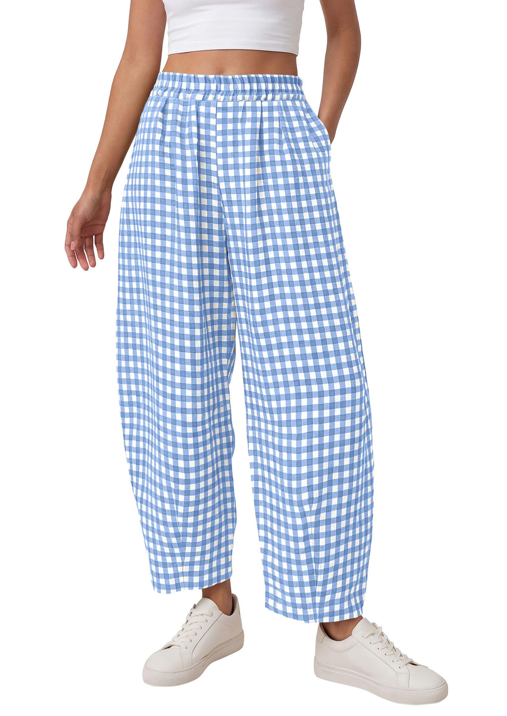 PRETTYGARDEN Plaid Barrel Pants Women Summer Casual Loose Wide Leg Lounge Gingham Trousers Spring Fashion Beach Bottoms