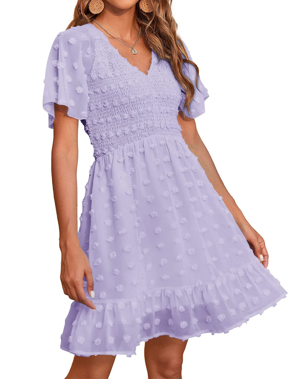 FreshPretty Womens Beach Vacation Dress Summer V Neck Short Sleeve Smocked Swiss Dot Ruffle Casual Mini Spring Dresses