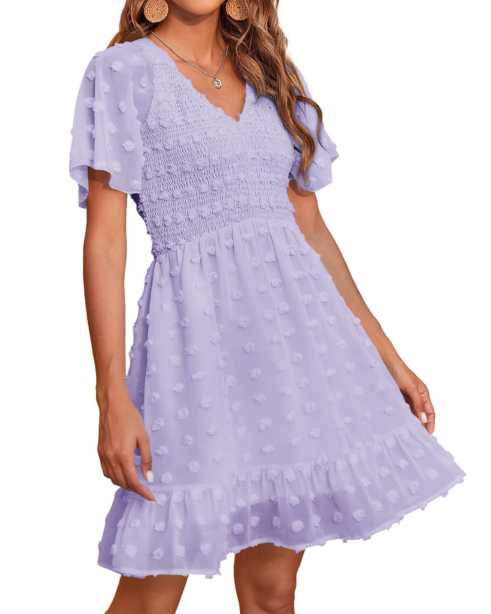 FreshPretty Womens Beach Vacation Dress Summer V Neck Short Sleeve Smocked Swiss Dot Ruffle Casual Mini Spring Dresses