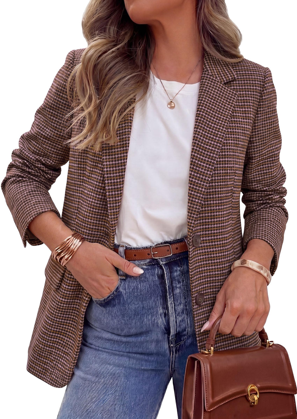 PRETTYGARDEN Fall Blazers for Women Business Casual | Long Sleeve Plaid Houndstooth, Notch Lapel Pockets, Oversized Blazer Outerwear, Trendy Suit Jackets, 2026 Winter Work Outfits