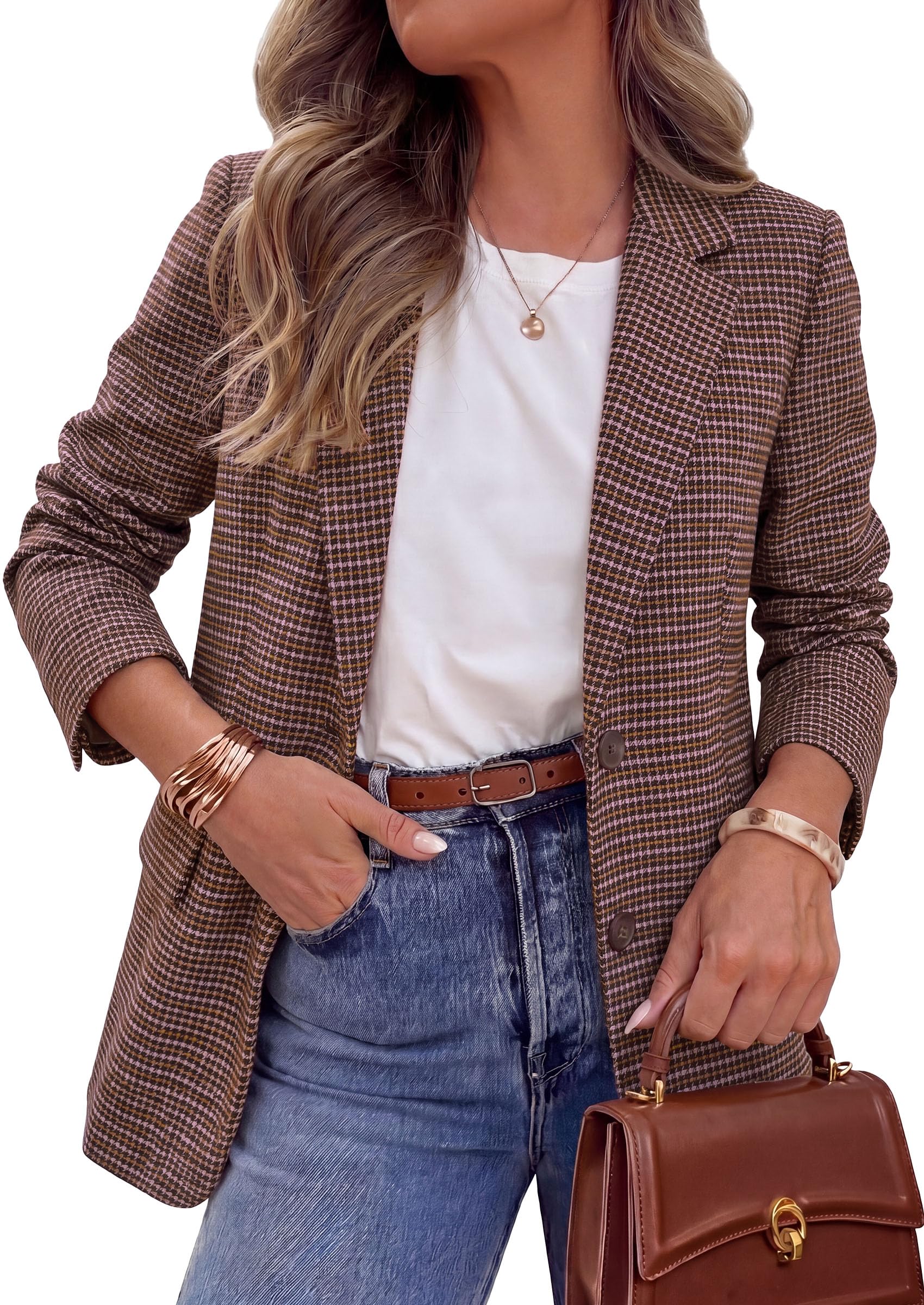 PRETTYGARDEN Fall Blazers for Women Business Casual | Long Sleeve Plaid Houndstooth, Notch Lapel Pockets, Oversized Blazer Outerwear, Trendy Suit Jackets, 2026 Winter Work Outfits