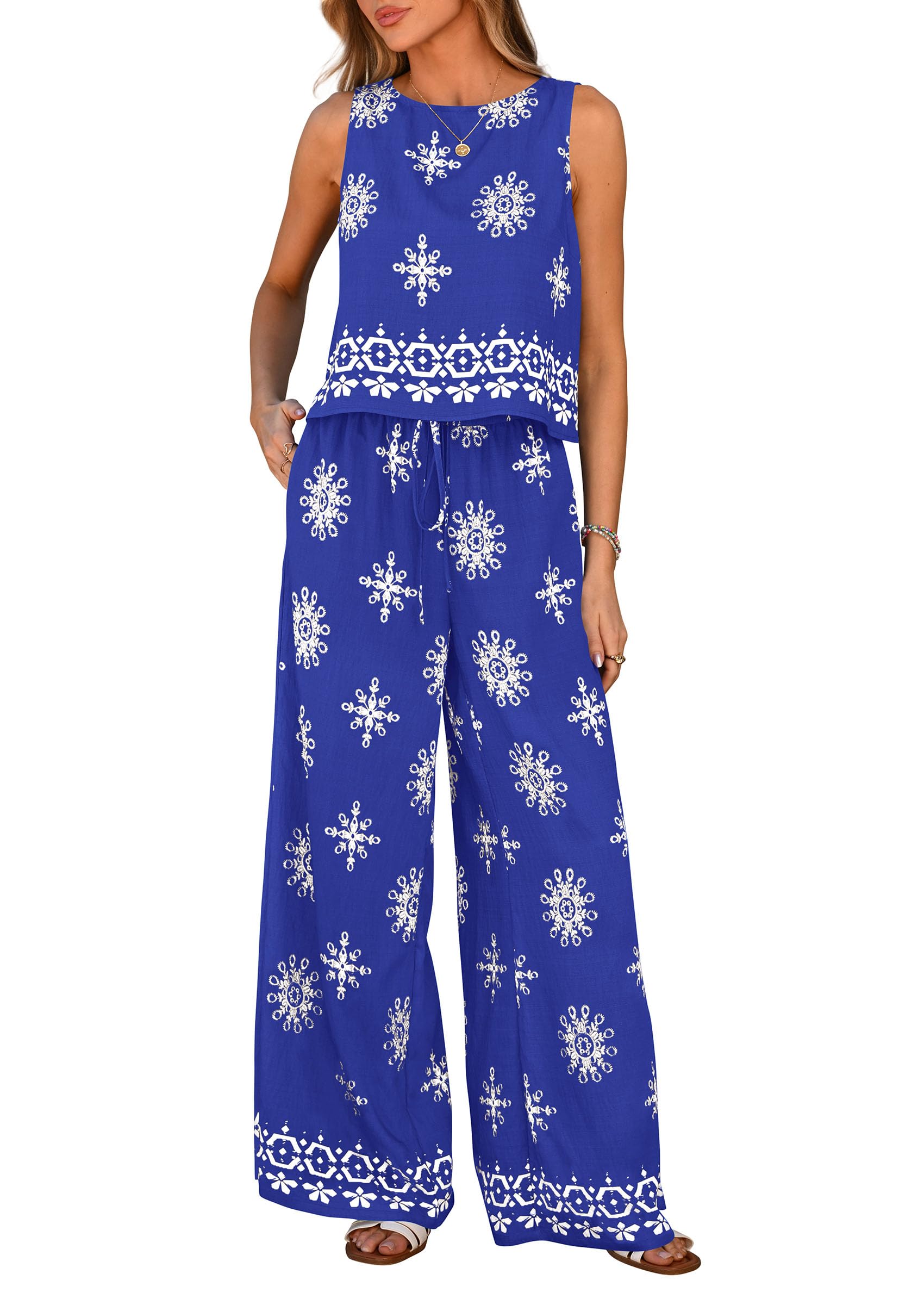 PRETTYGARDEN Women's Summer 2 Piece Lounge Sets Boho Floral Tank Tops Flowy Wide Leg Pants Travel Beach Vacation Outfits