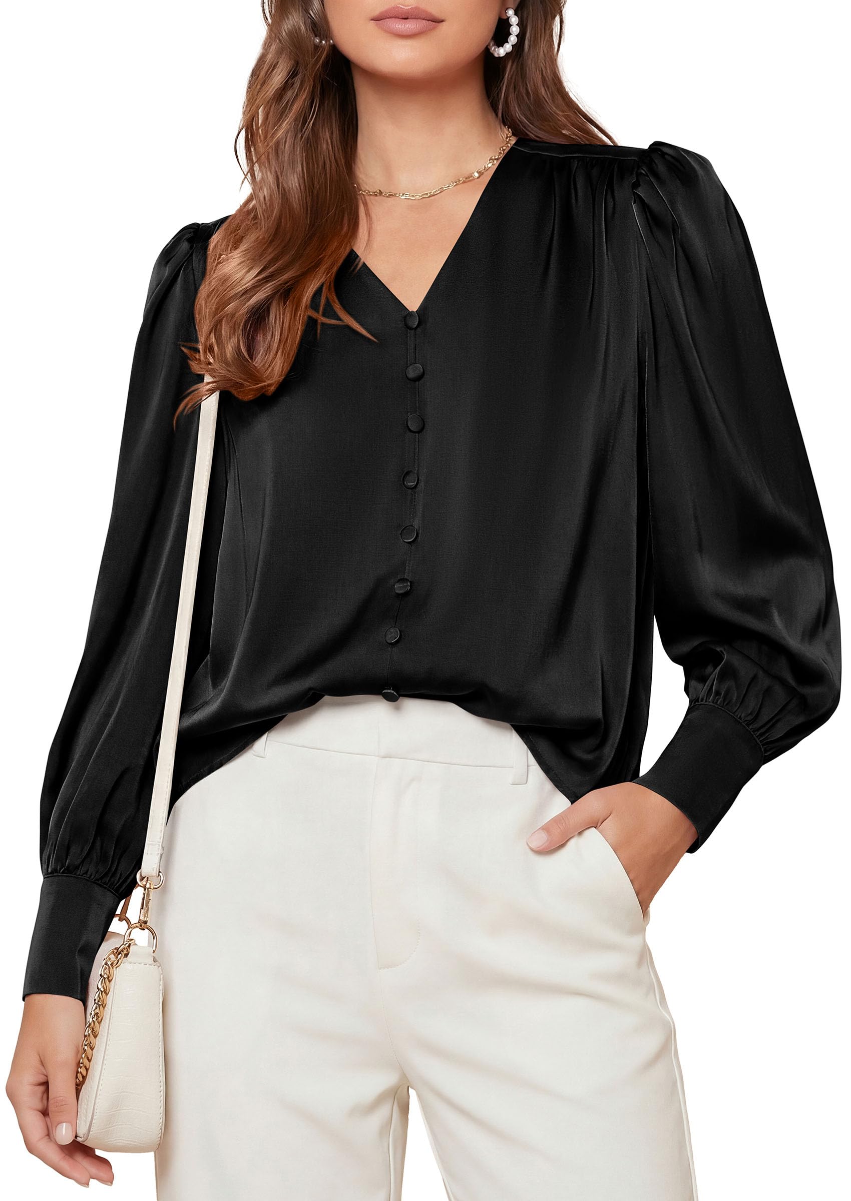 PRETTYGARDEN Satin Long Sleeve Womens Blouses Dressy Casual | Glossy Smooth Silk Fabric,Lantern Sleeve Fall Tops,Decorative Button Pullover,V Neck Shirts,Office Work Business Outfits