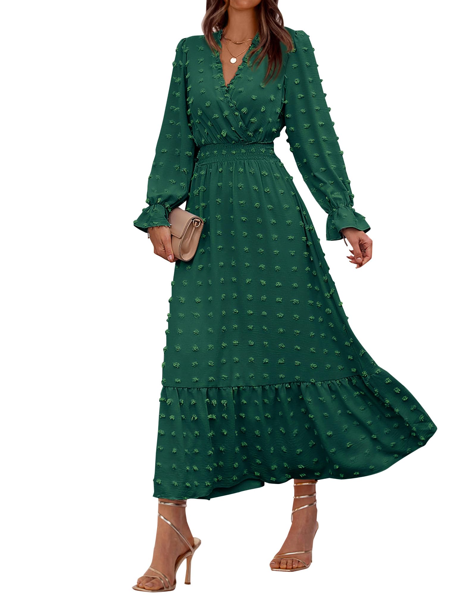 FreshPretty Women Fall Maxi Dresses Long Sleeve V Neck Swiss Dots High Waisted A-Line Ruffle Boho Long Dress Vacation