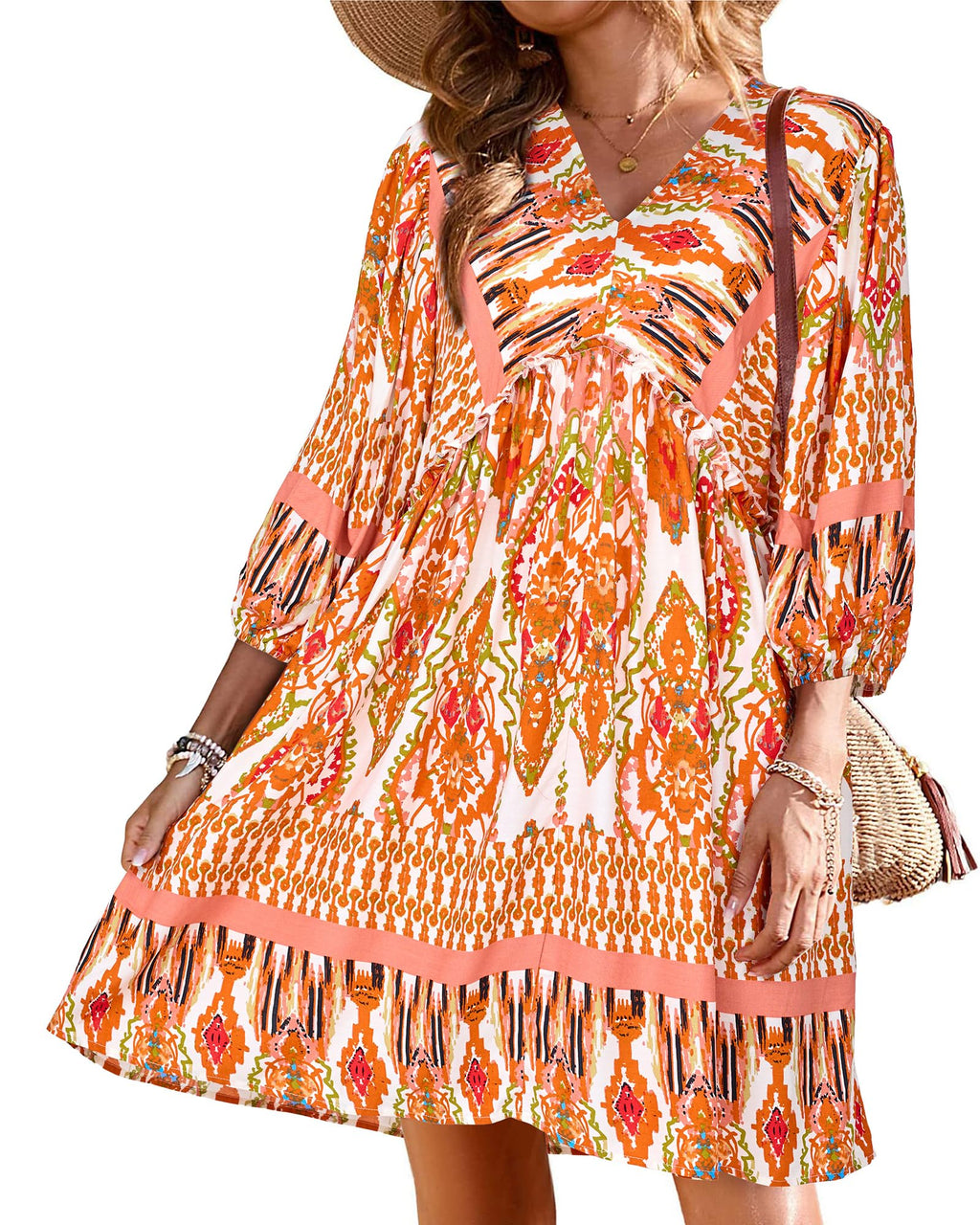 BTFBM Women Casual Spring Summer Dresses V Neck 3/4 Long Sleeve Ruffle Floral Flowy Boho Babydoll Mini Short Beach Dress
