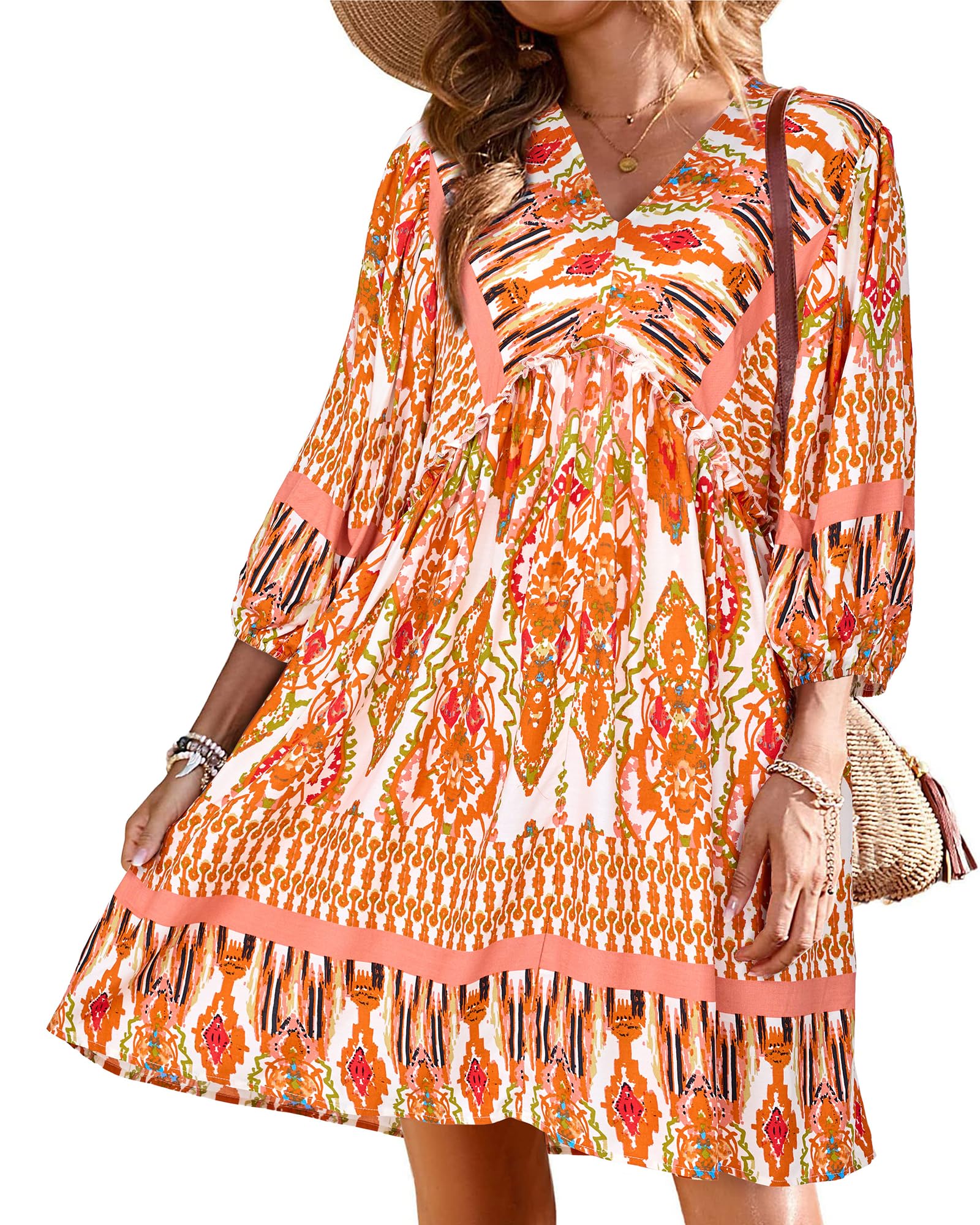 BTFBM Women Casual Spring Summer Dresses V Neck 3/4 Long Sleeve Ruffle Floral Flowy Boho Babydoll Mini Short Beach Dress
