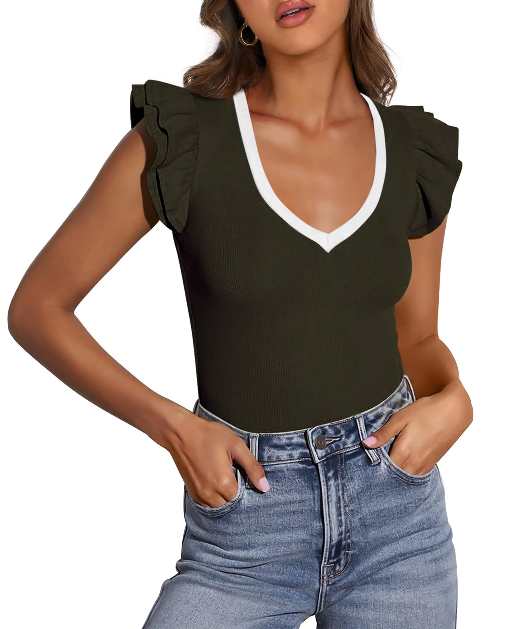 PRETTYGARDEN Womens V Neck Summer Tops Ruffle Sleeveless Slim Fit T Shirts Going Out Casual Blouses