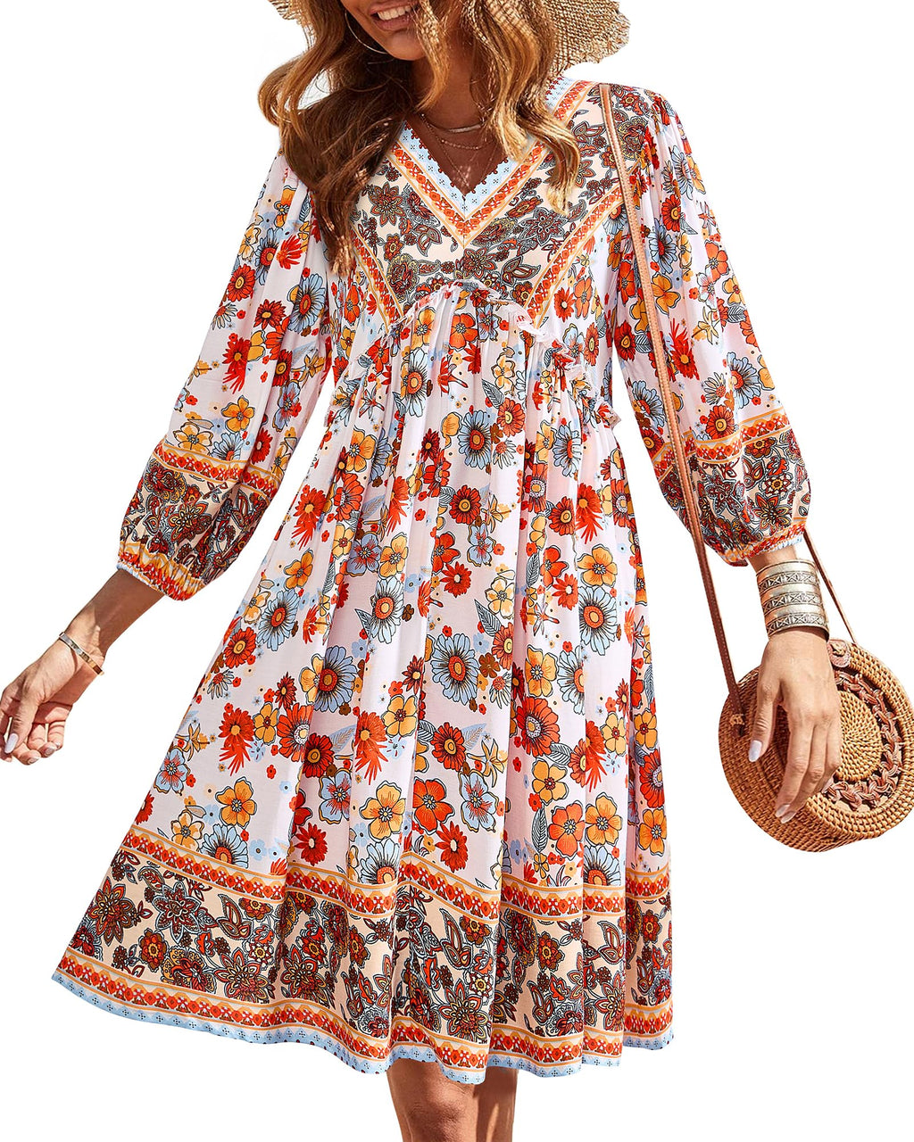 BTFBM Women Casual Spring Summer Dresses V Neck 3/4 Long Sleeve Ruffle Floral Flowy Boho Babydoll Mini Short Beach Dress