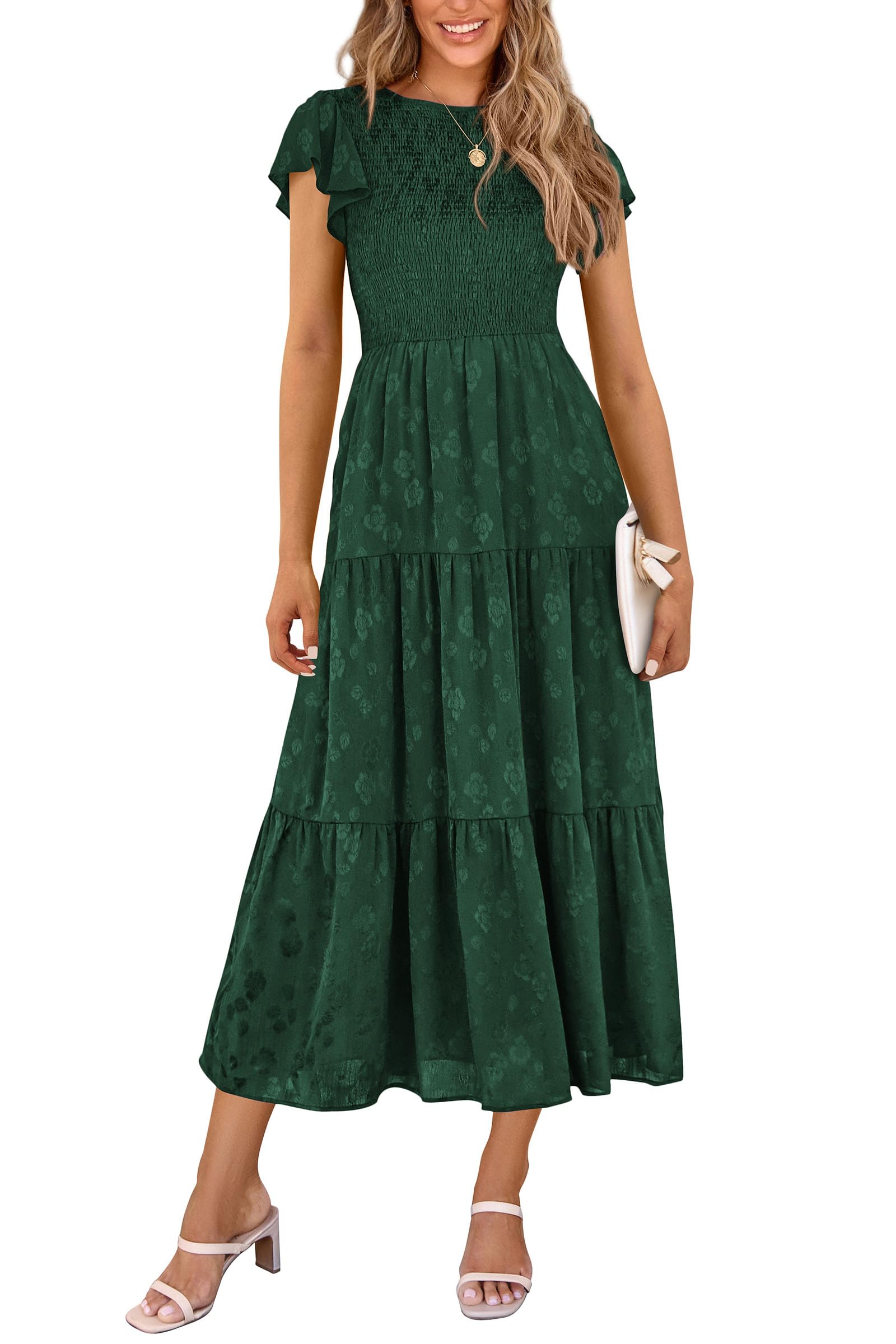 PRETTYGARDEN Wedding Guest Dresses for Women Summer Floral Cap Sleeve Smocked A Line Long Elegant Party Boho Dress