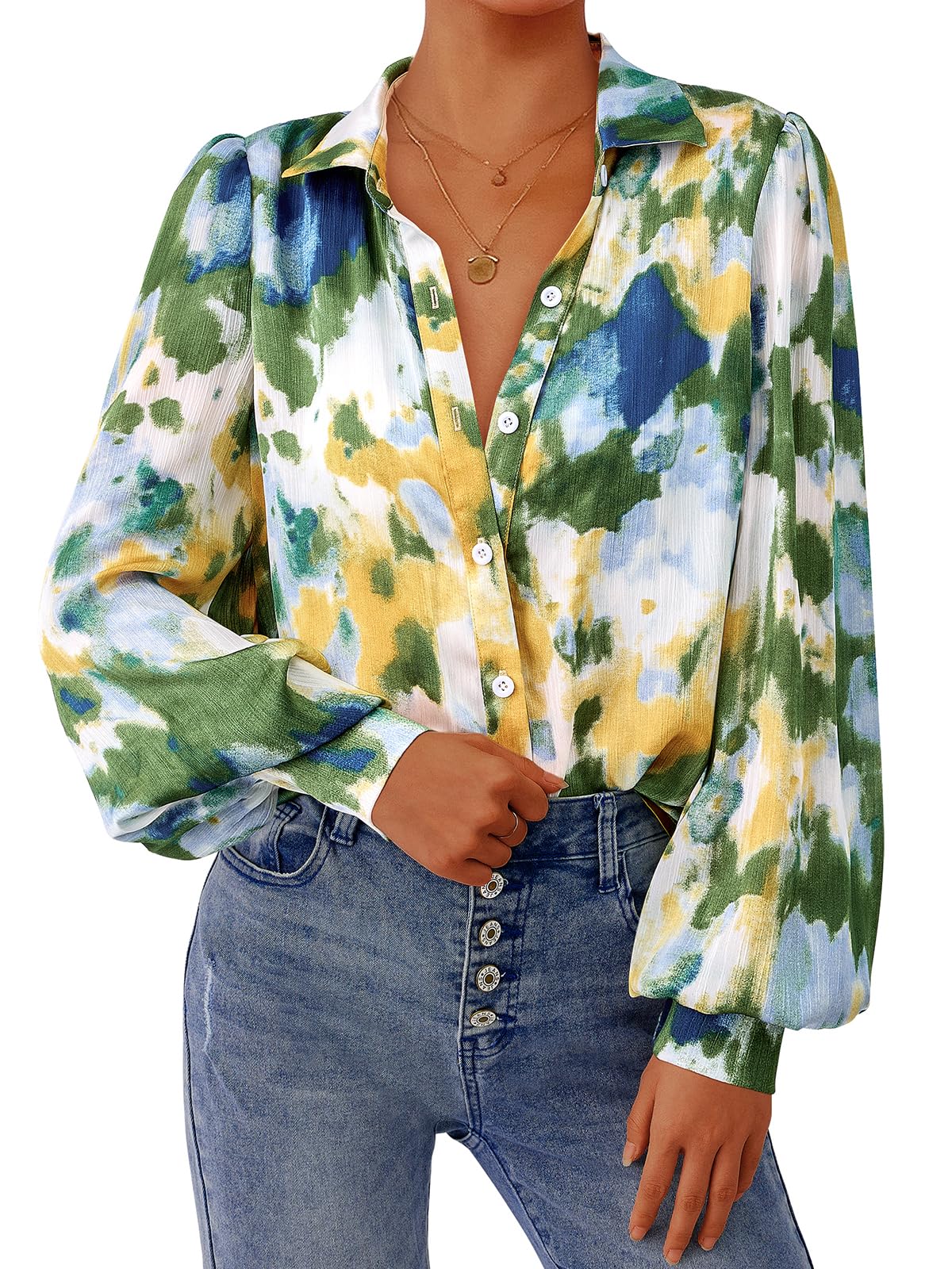 PRETTYGARDEN Women's Floral Blouses Dressy Casual V Neck Button Down Shirts Lantern Long Sleeve Boho Chiffon Spring Tops