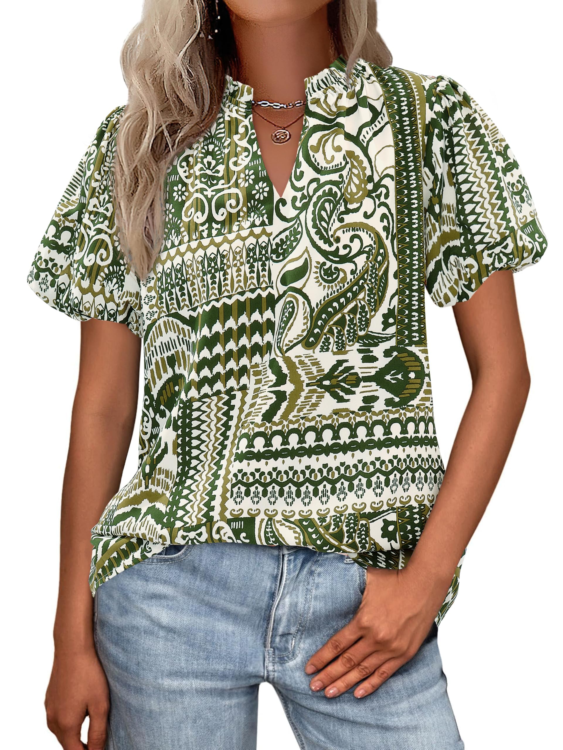 PRETTYGARDEN Boho Short Sleeve Floral Work Blouses for Women Dressy Casual V Neck Puff Sleeve Loose Chiffon Flowy Tops Shirts