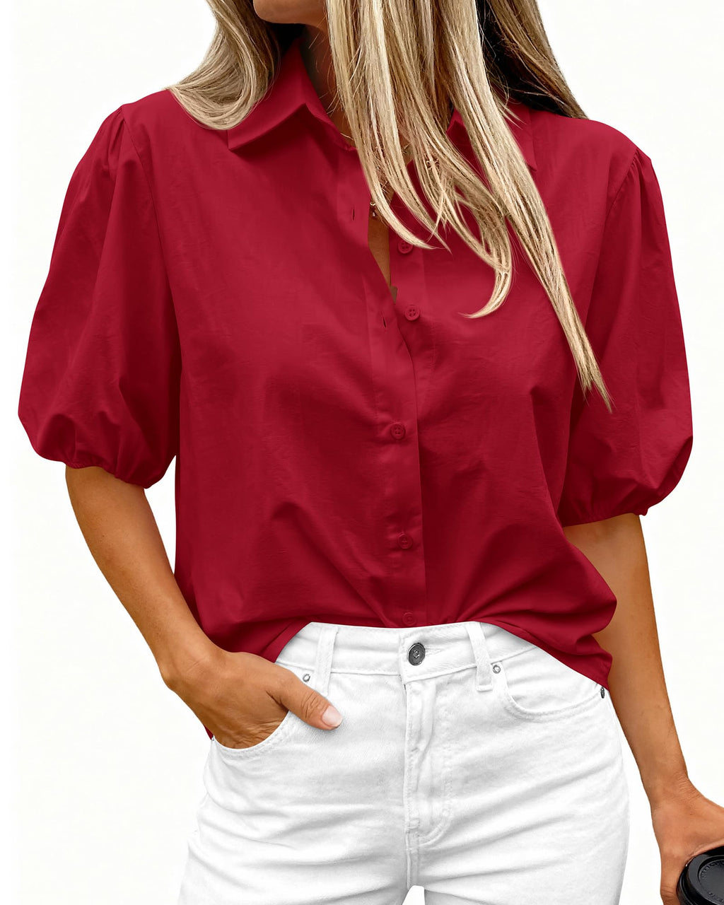 BTFBM Women's Button Down Shirts Short Puff Sleeve Collared V Nec Summer Tops Dressy Casual Work Business Blouses