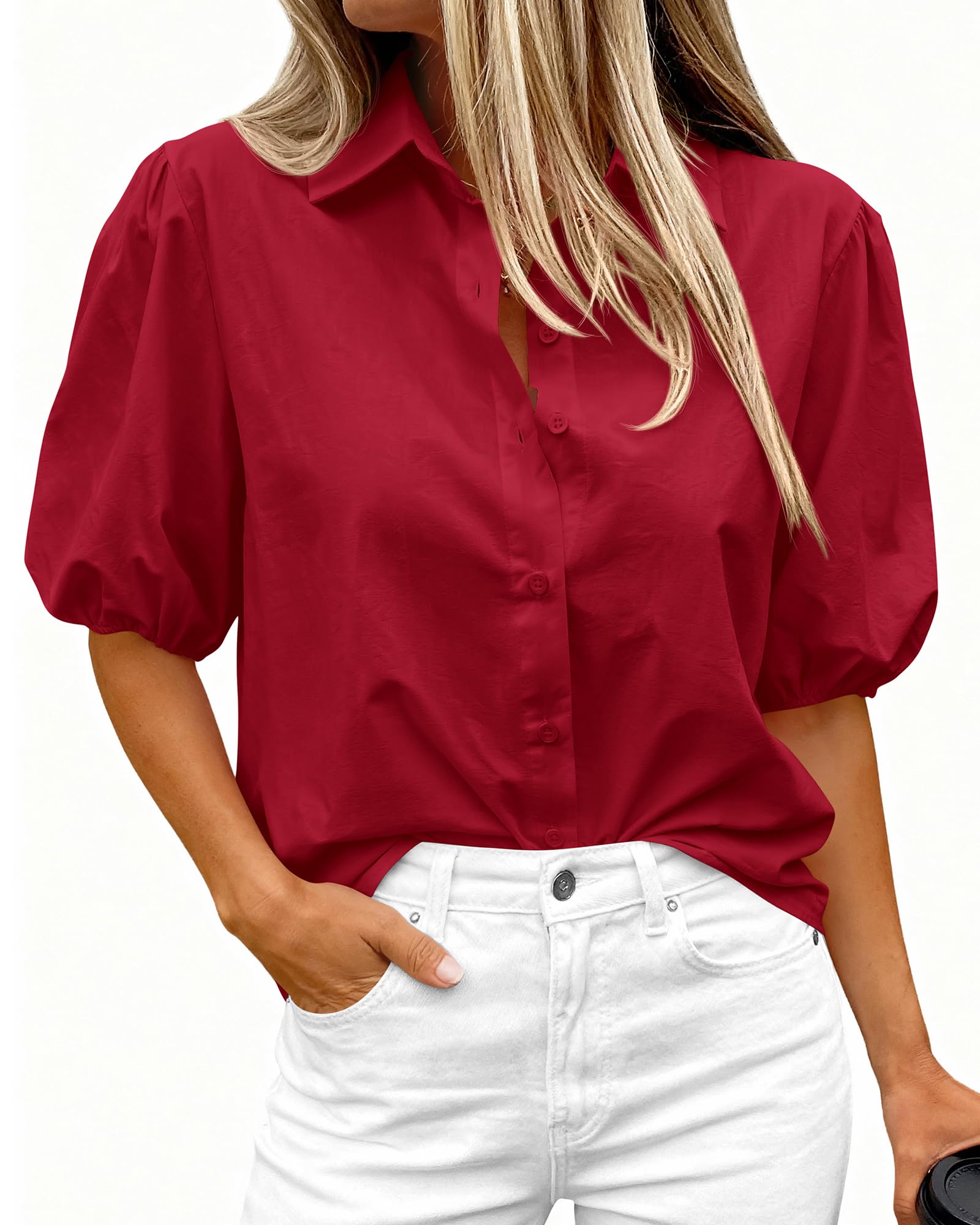 BTFBM Women's Button Down Shirts Short Puff Sleeve Collared V Nec Summer Tops Dressy Casual Work Business Blouses