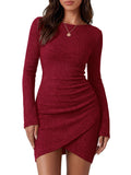 BTFBM Womens Long Sleeve Bodycon T Shirt Dress | Crew Neck,Ruched,Ribbed,Homecoming Cocktail Dresses,Fall Winter Clothing