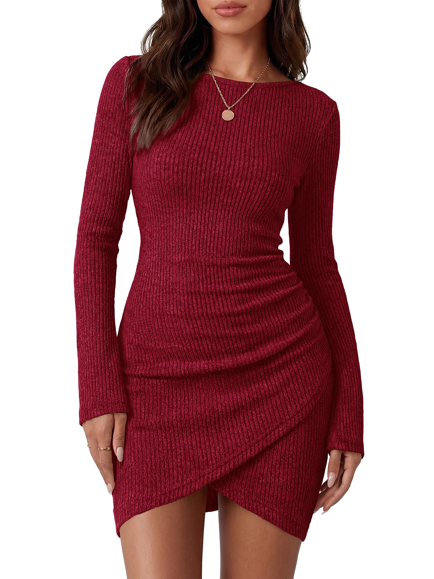 BTFBM Womens Long Sleeve Bodycon T Shirt Dress | Crew Neck,Ruched,Ribbed,Homecoming Cocktail Dresses,Fall Winter Clothing