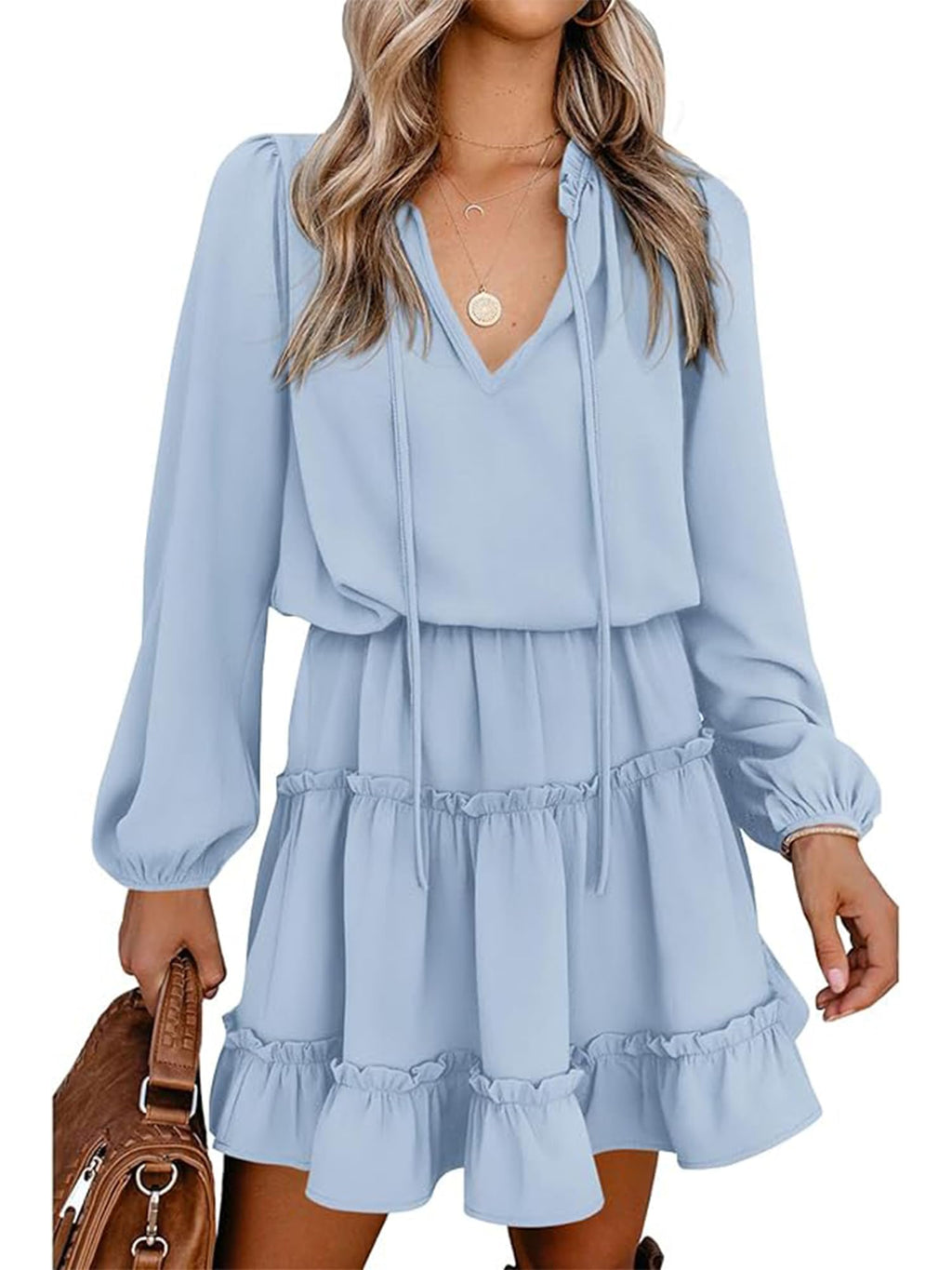 BTFBM Long Sleeve Summer Dresses for Women Casual Tie Neck Ruffle Tiered A Line Mini Spring Wedding Guest Dress