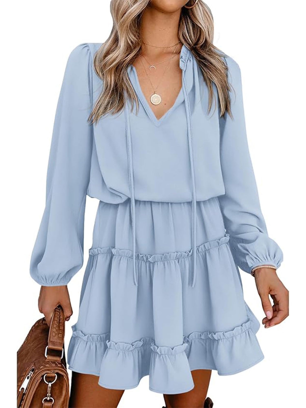 BTFBM Long Sleeve Summer Dresses for Women Casual Tie Neck Ruffle Tiered A Line Mini Spring Wedding Guest Dress