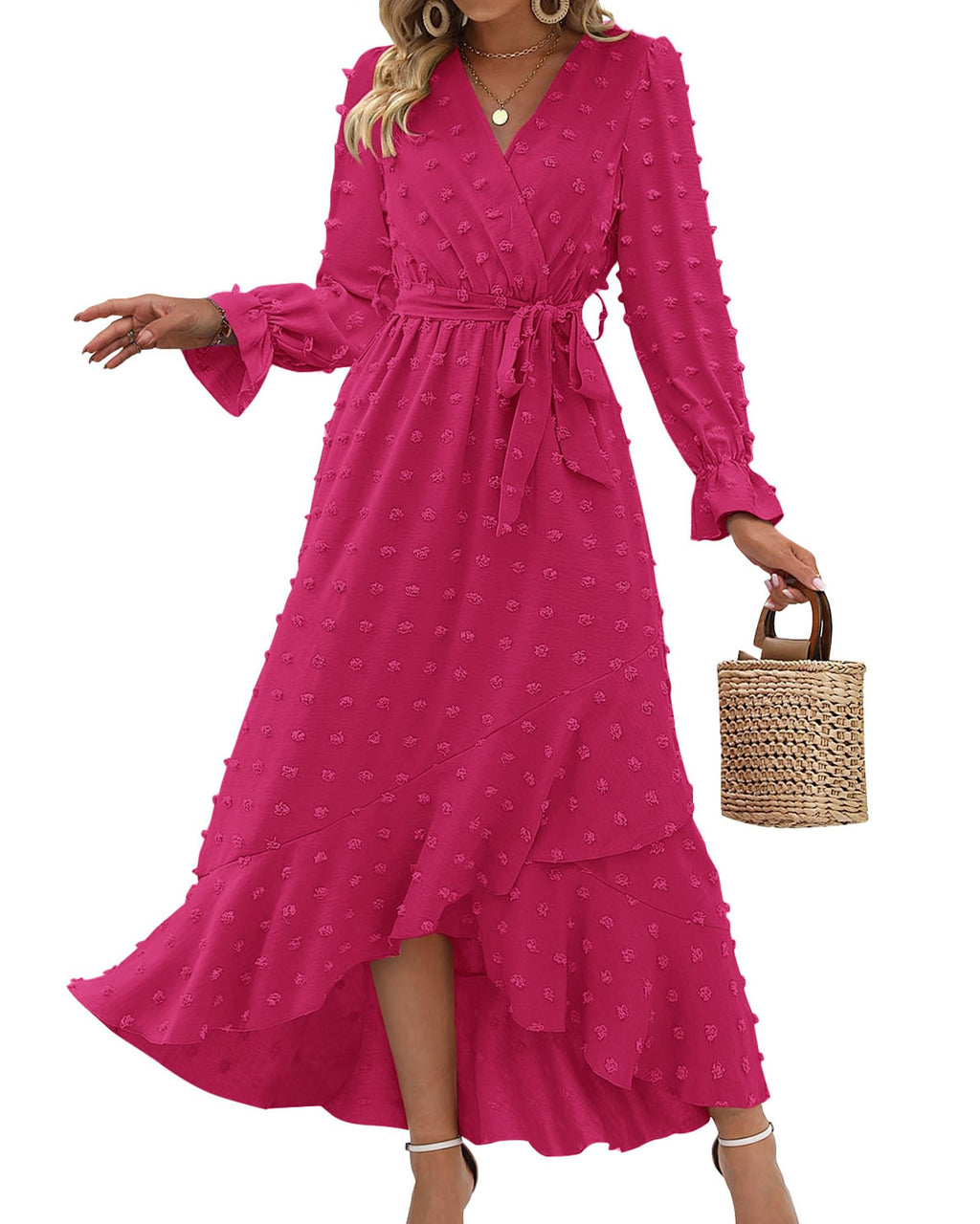 FreshPretty Long Sleeve Maxi Dresses for Women V Neck Swiss Dot Boho Flowy Slit Cocktail Wedding Guest Dress Fall Clothes