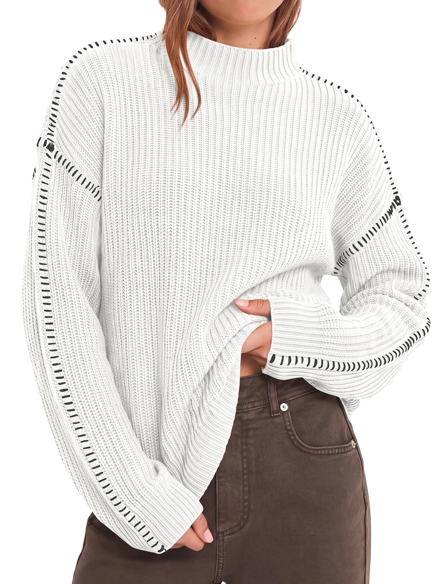 "BTFBM Womens Oversized Sweaters Contrast Chunky Knit Sweater Loose Fit Mock Neck Long Sleeve Tops, Soft Cozy Knitwear, Fall Fashion 2026, Casual Winter Clothing, Daily Going Out Outfits"