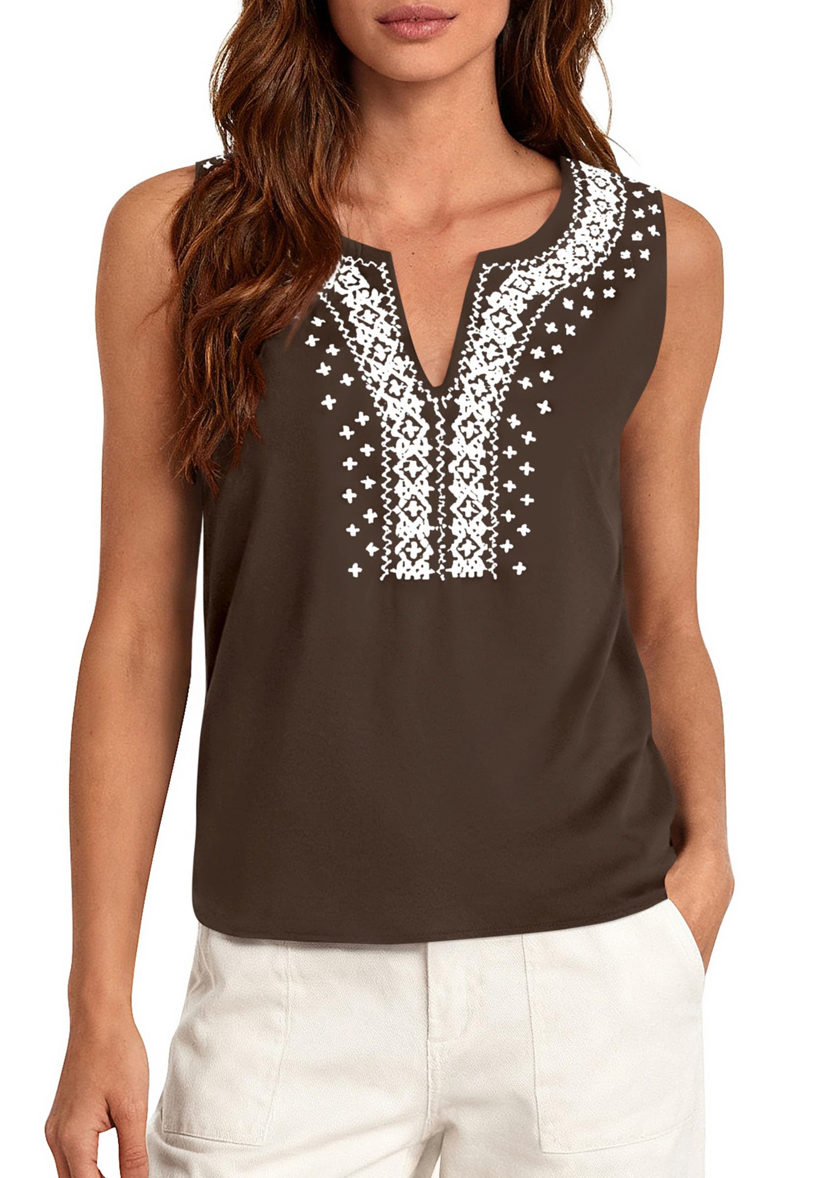 PRETTYGARDEN Womens Tank Tops Summer Causal V Neck Sleeveless Shirts Floral Print Embroidered Beach Vacation Boho Top