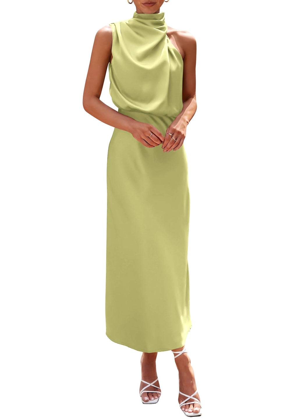 PRETTYGARDEN Women's Summer Satin Dress Elegant Sleeveless Mock Neck Cocktail Party Maxi Dresses