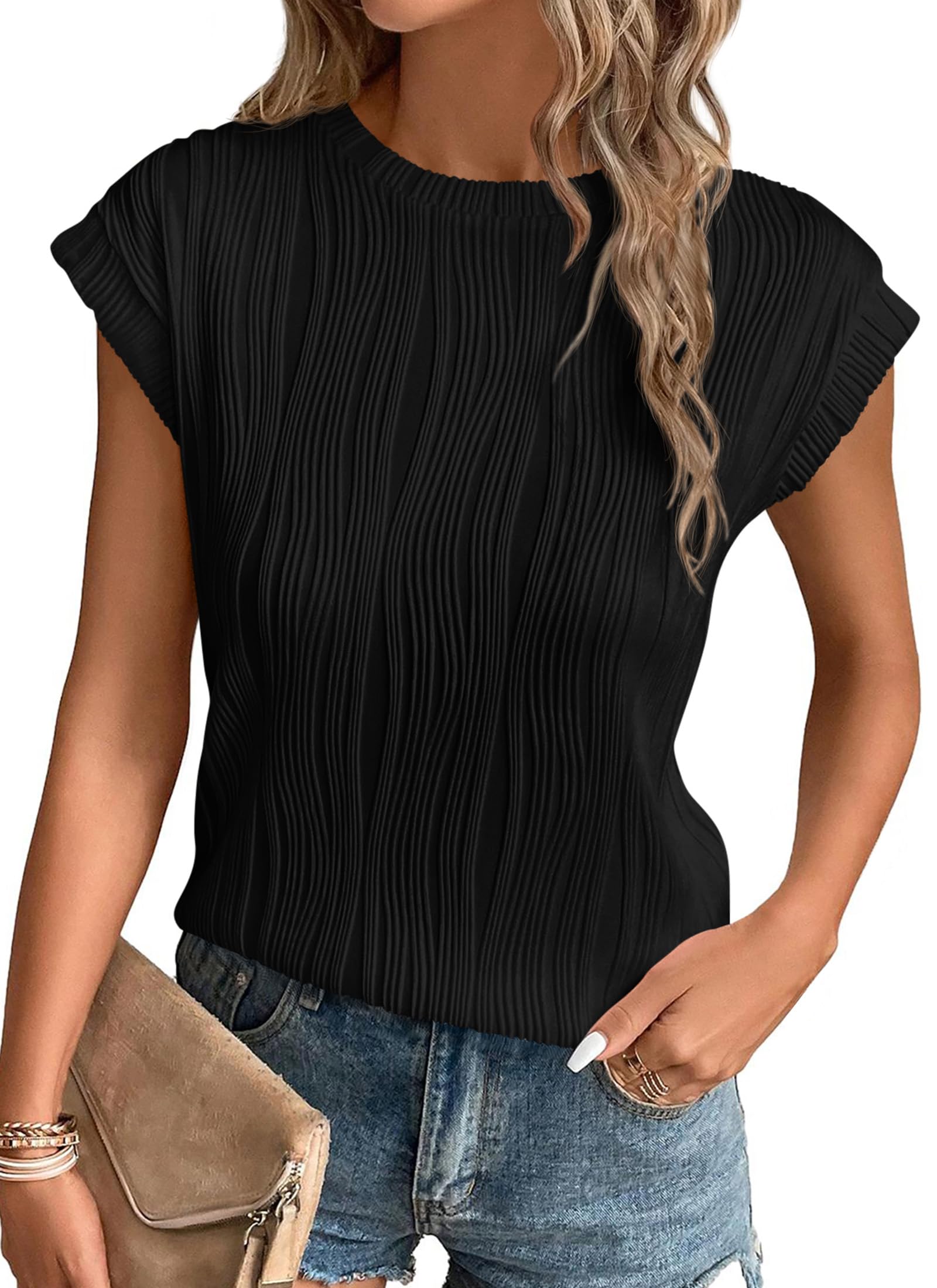 PRETTYGARDEN Blouses for Women Dressy Casual Spring Summer Business Office Tops Cap Sleeve Textured Cute Work Shirt