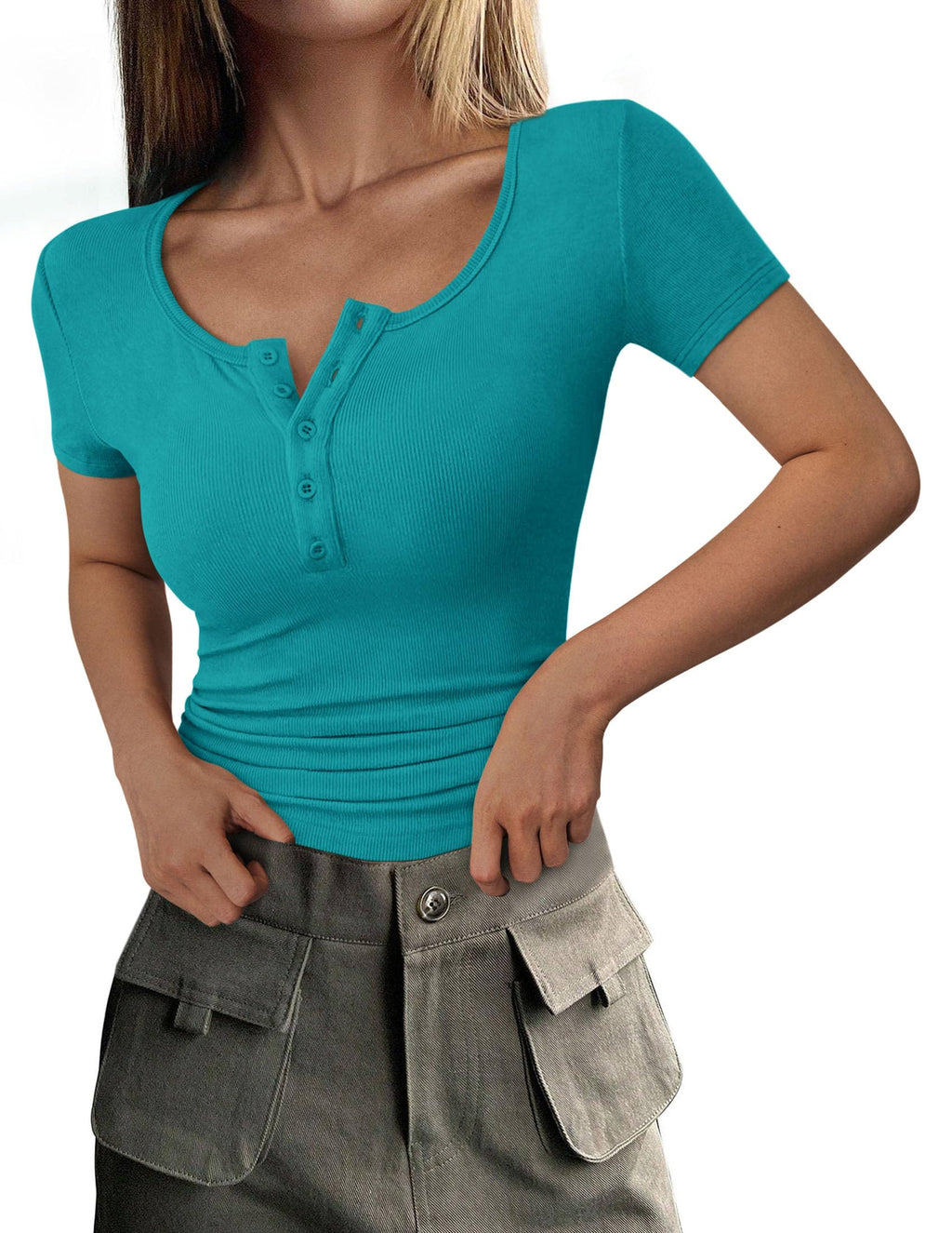 PRETTYGARDEN Women's  Fall Summer Short Sleeve Tops Ribbed Henley Button Slim Fit Basic Casual T Shirts Blouse Clothing
