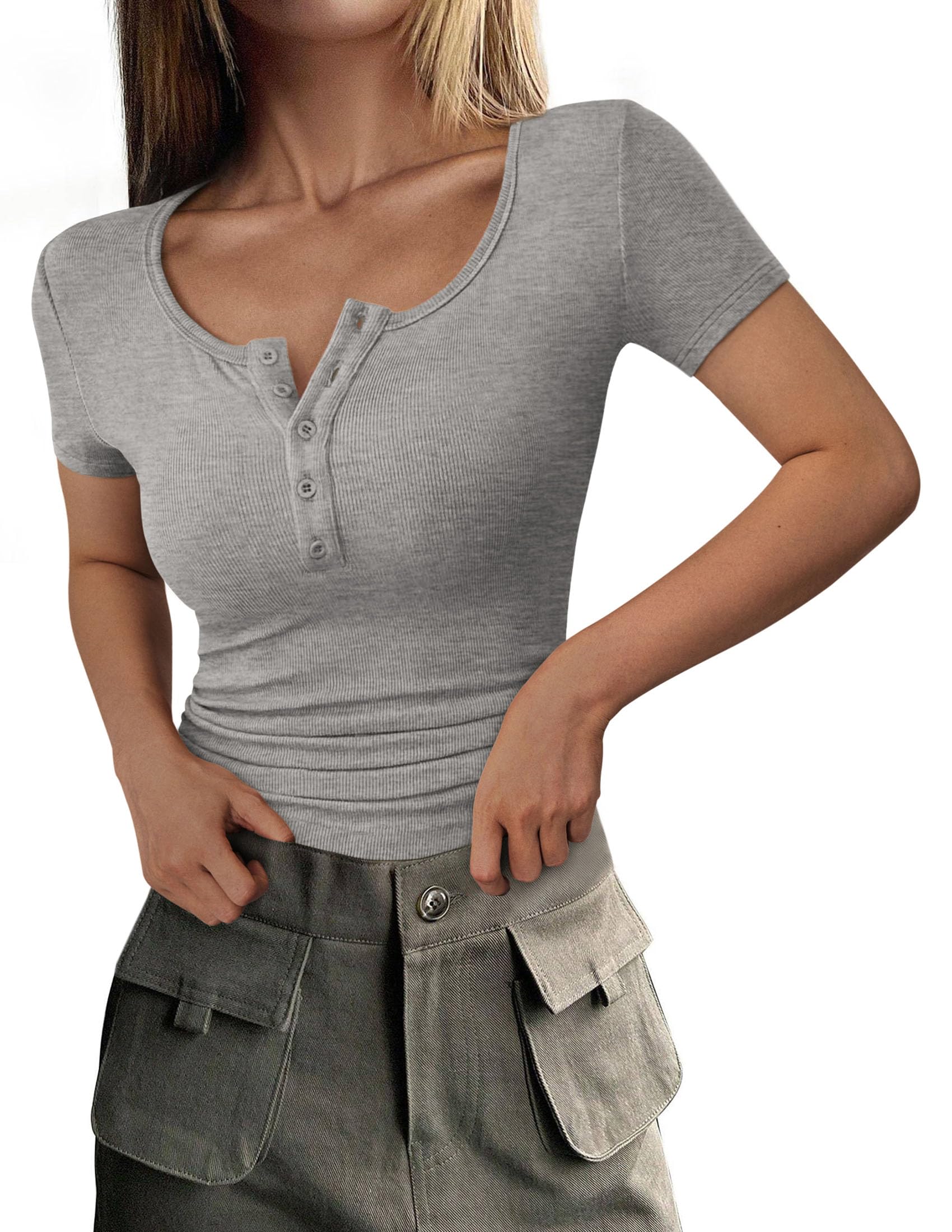PRETTYGARDEN Women's  Fall Summer Short Sleeve Tops Ribbed Henley Button Slim Fit Basic Casual T Shirts Blouse Clothing