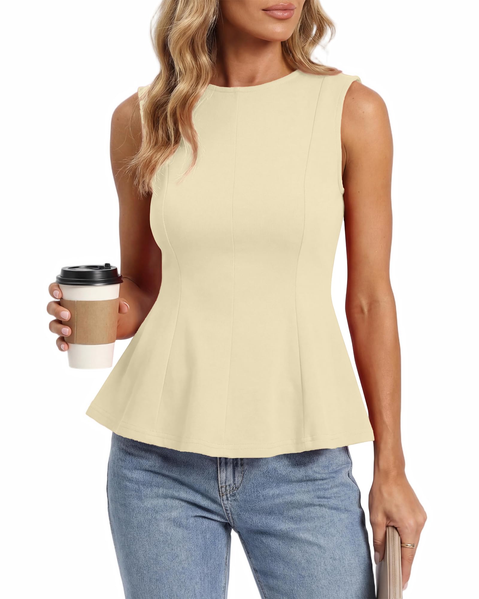 FreshPretty Womens Summer Tops Business Casual Outfits Crew Neck Sleeveless Shirts Slim Fit Peplum Tank Top