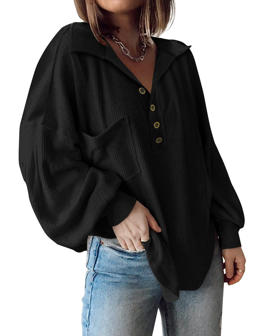 BTFBM Womens Fall Fashion Long Sleeve Shirts Casual V Neck Ribbed Knit Blouses Pullover Trendy Loose Fit Tunic Tops