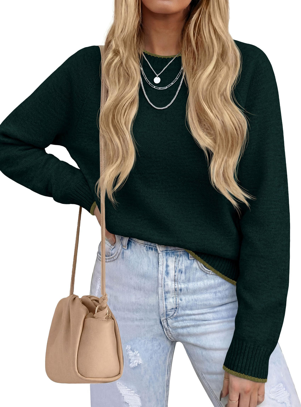 PRETTYGARDEN Womens Crewneck Fall Sweaters Pullover Tops Soft Stretchy Knit,Raglan Long Sleeve,Ribbed Cuffs,Color Block,Casual Daily Outfits,Office Work Clothes,Winter Layering Wear