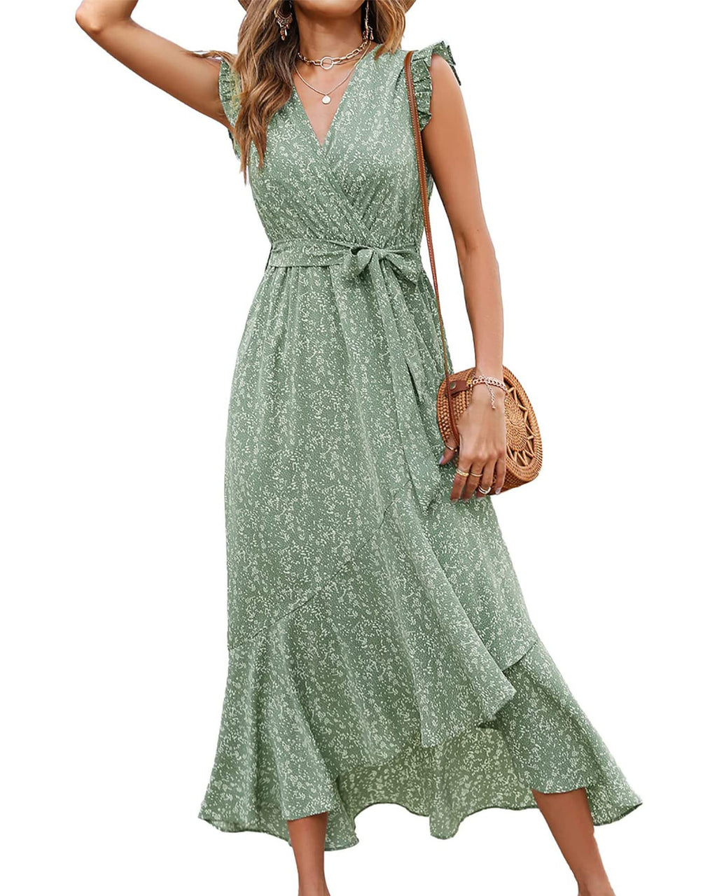 FreshPrettySummer Floral Maxi Dress for Women Vacation Ruffle Sleeve V Neck Belt Wrap Spring Beach Wedding Guest Dresses