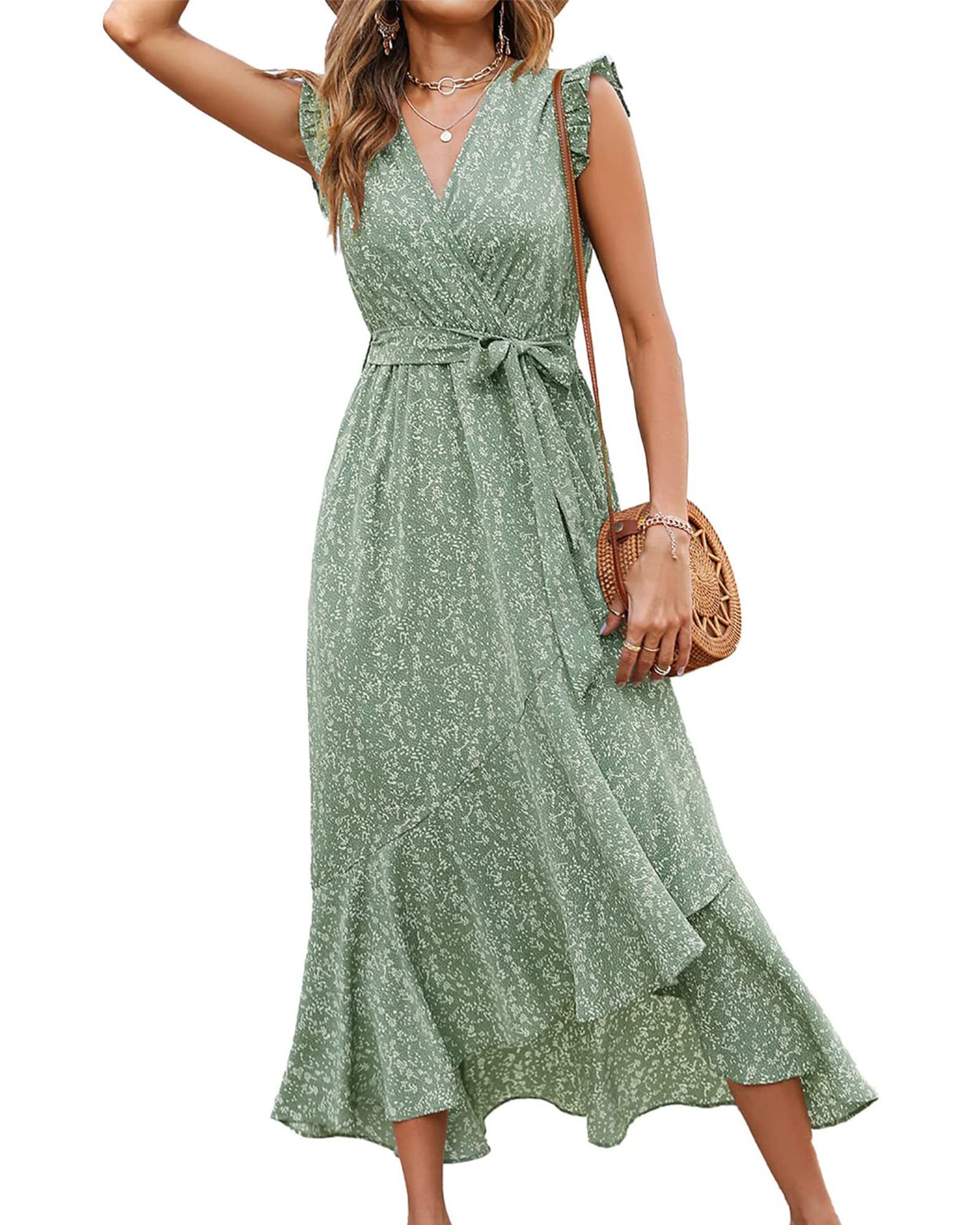FreshPrettySummer Floral Maxi Dress for Women Vacation Ruffle Sleeve V Neck Belt Wrap Spring Beach Wedding Guest Dresses